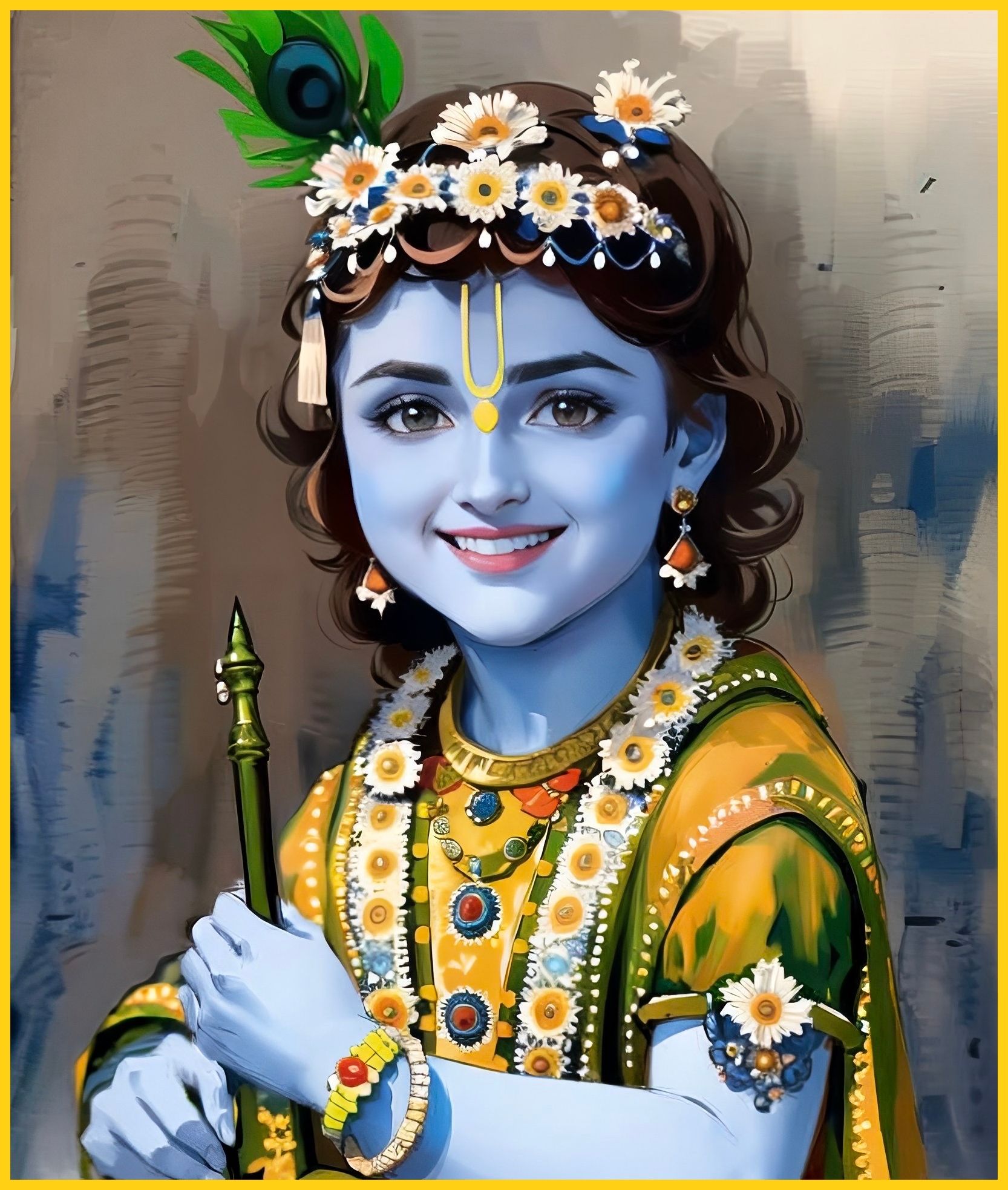 Smiling Krishna with flute and flowers