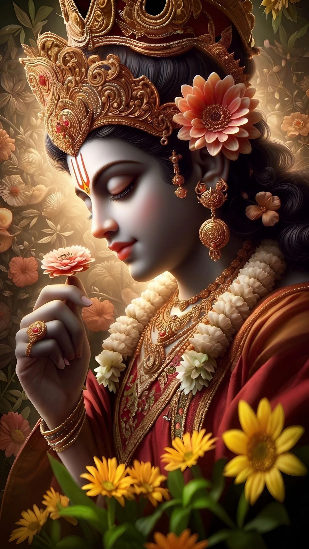 Krishna with flowers, serene devotional image