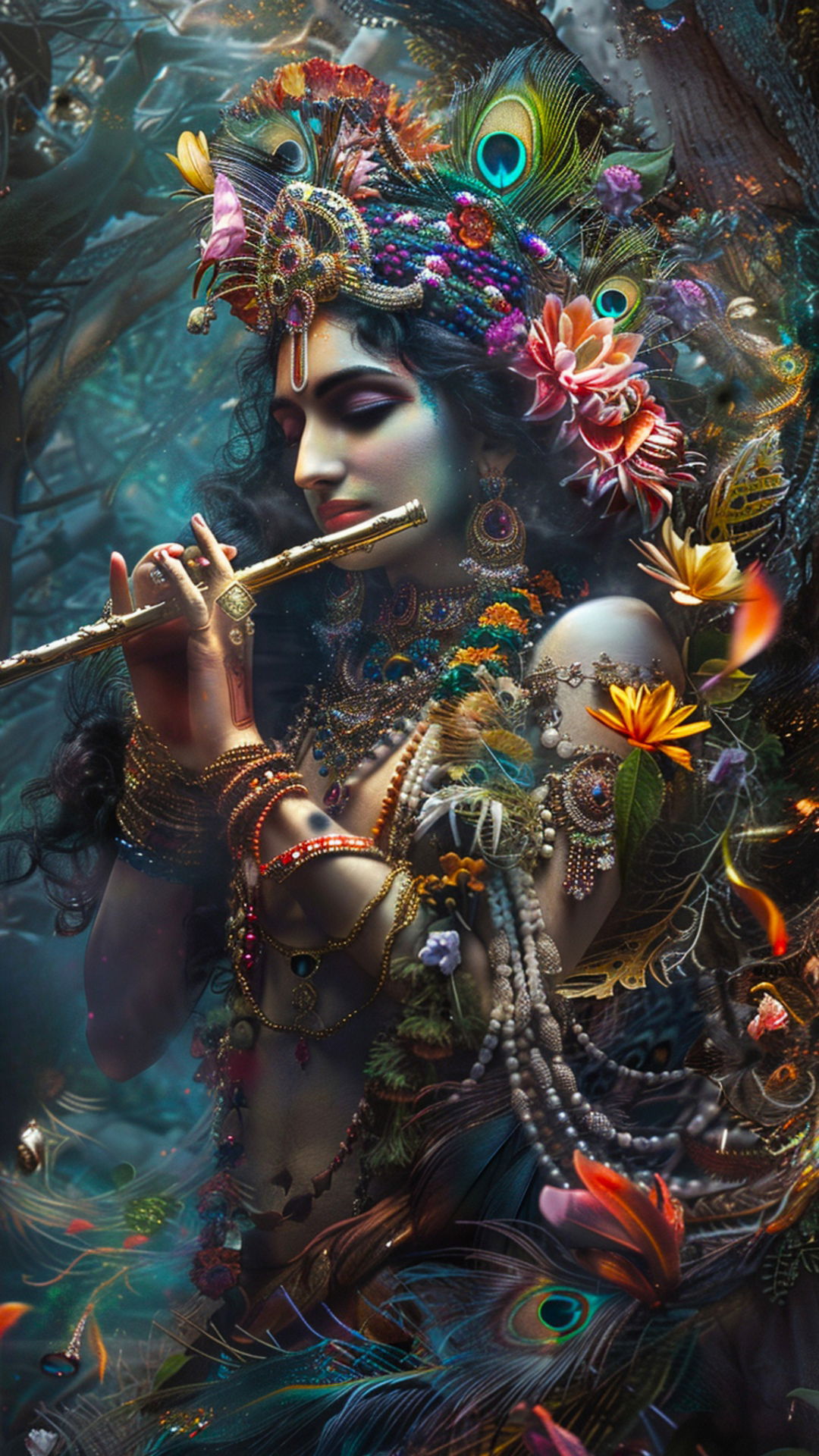Krishna playing a flute, floral adornments