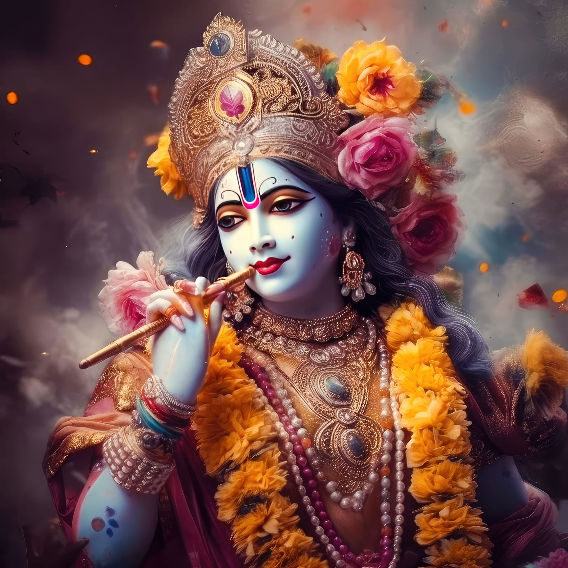 Krishna playing flute surrounded by flowers