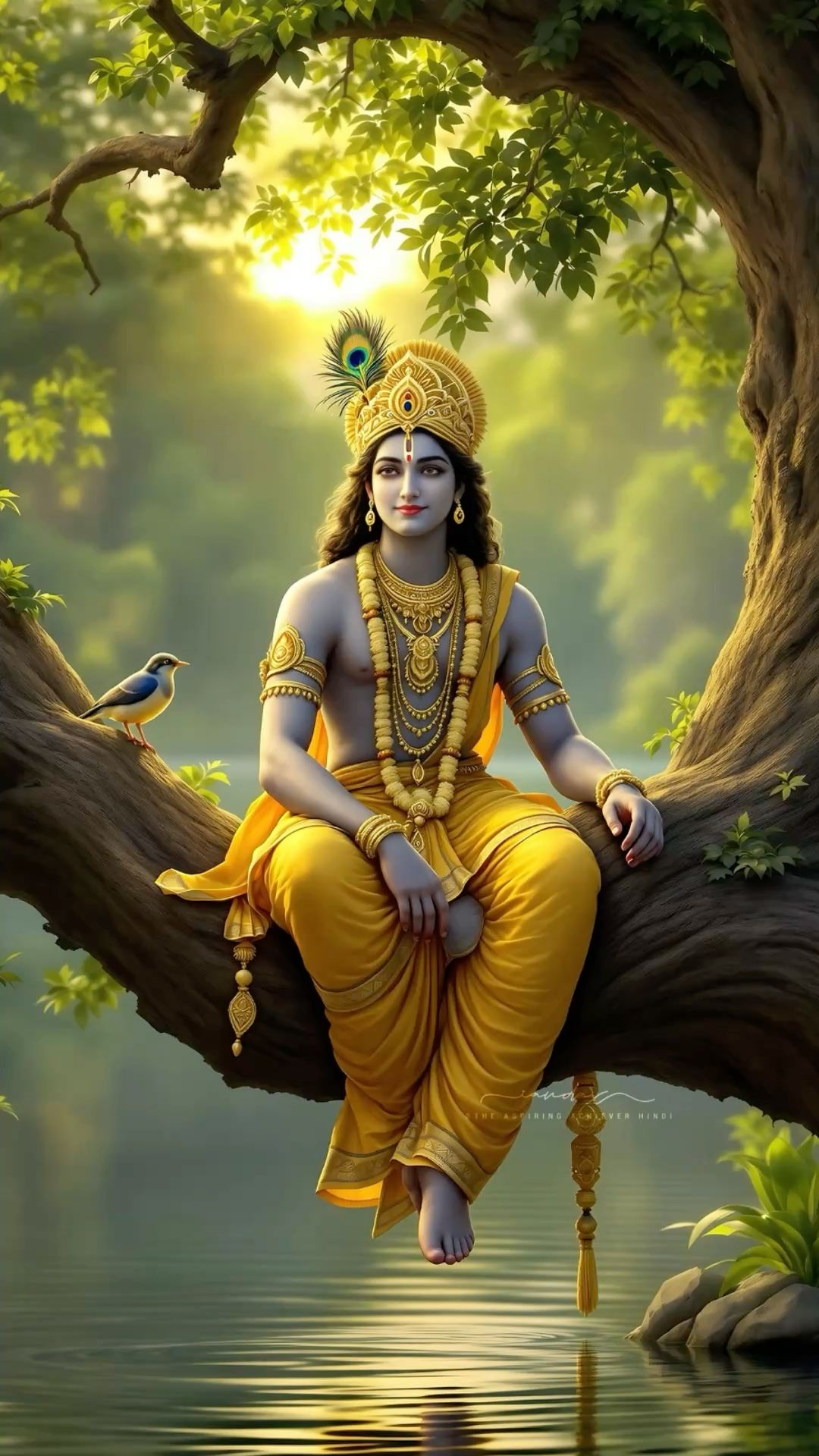 Krishna playing flute in forest setting