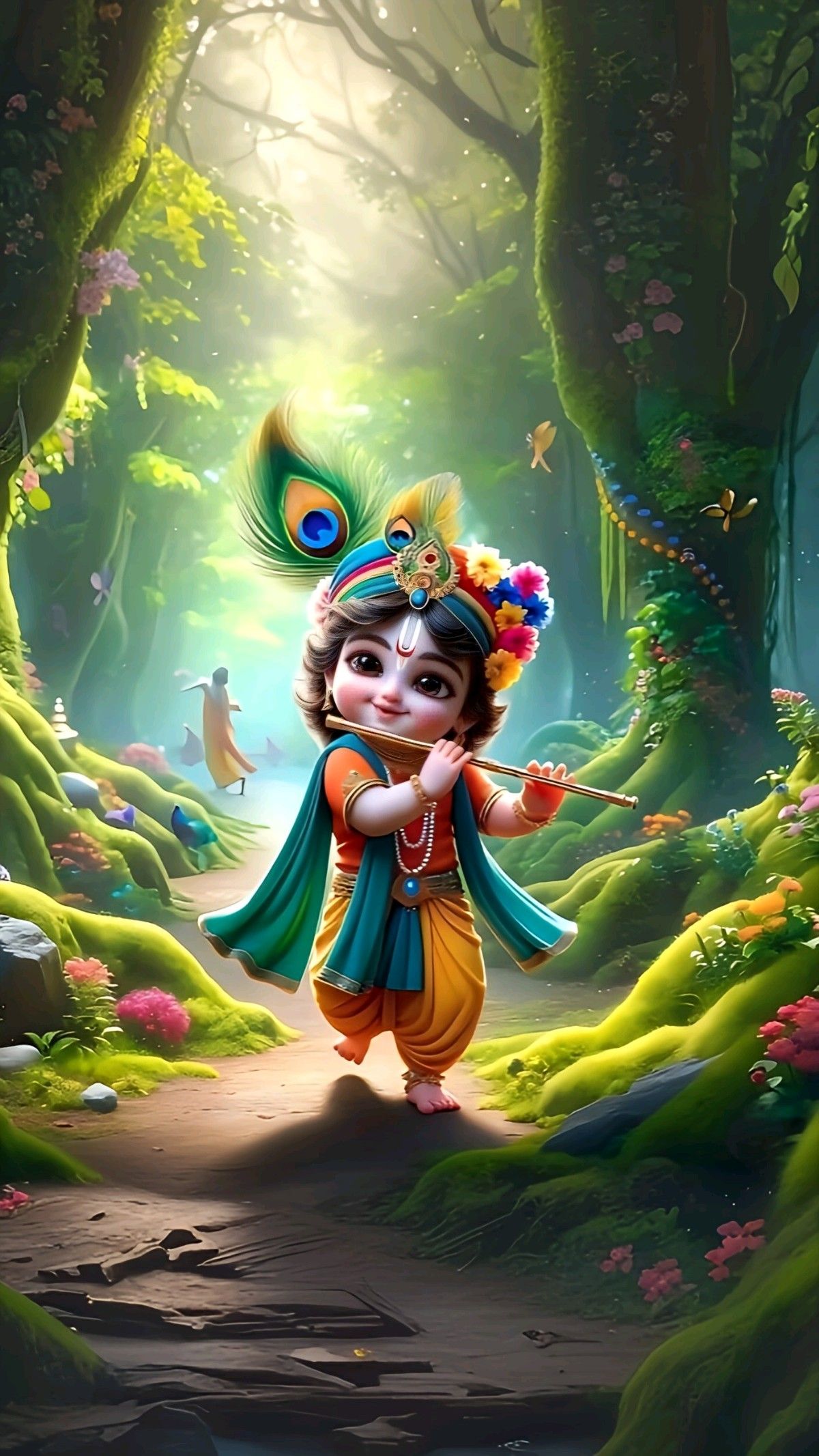 Little Krishna playing flute in forest