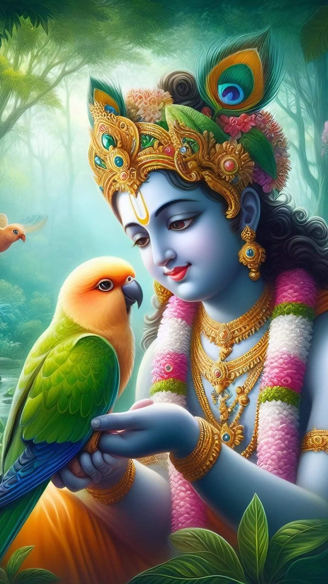 Krishna with a parrot, divine portrait.