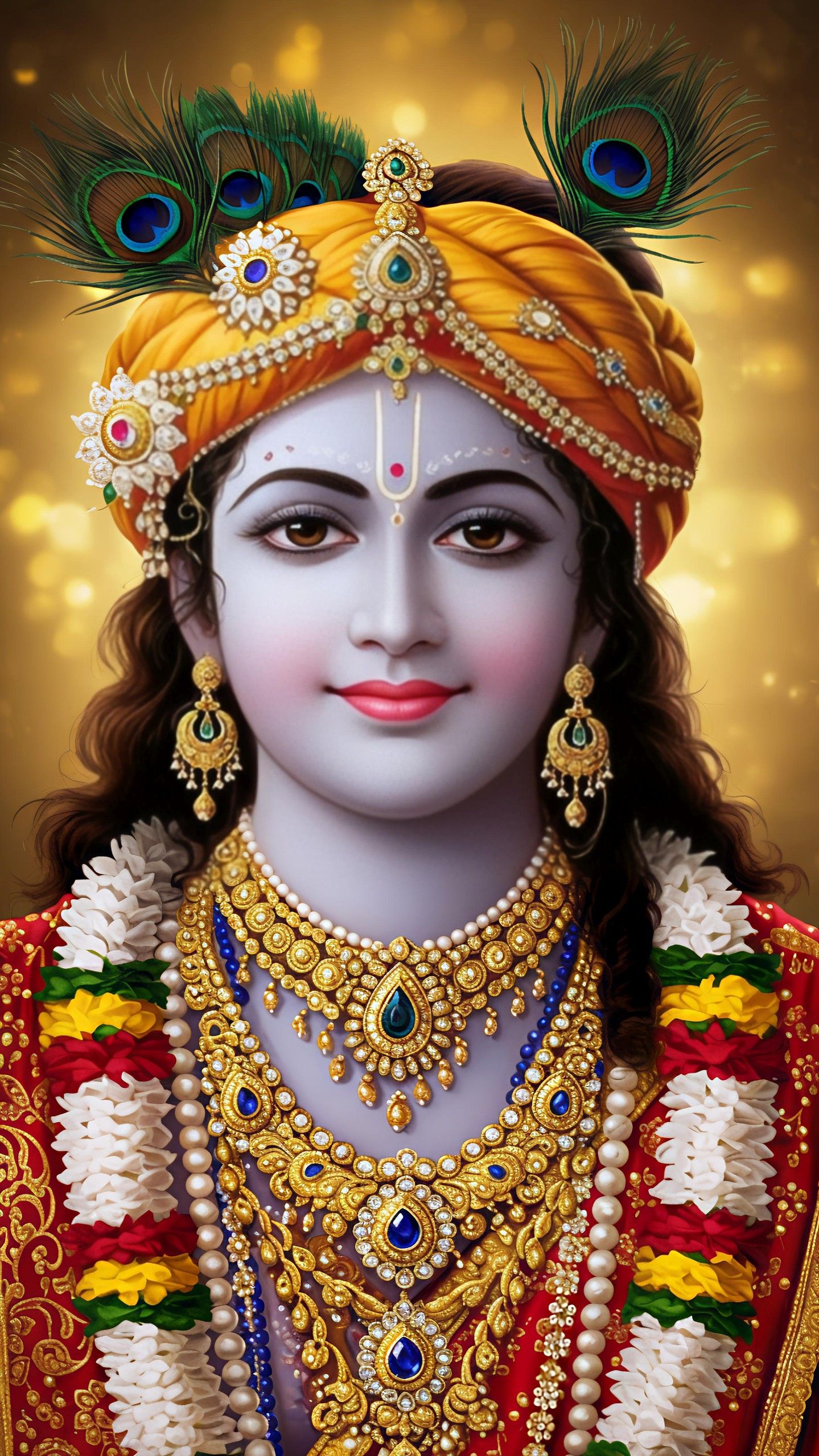 Lord Krishna adorned with peacock feathers.