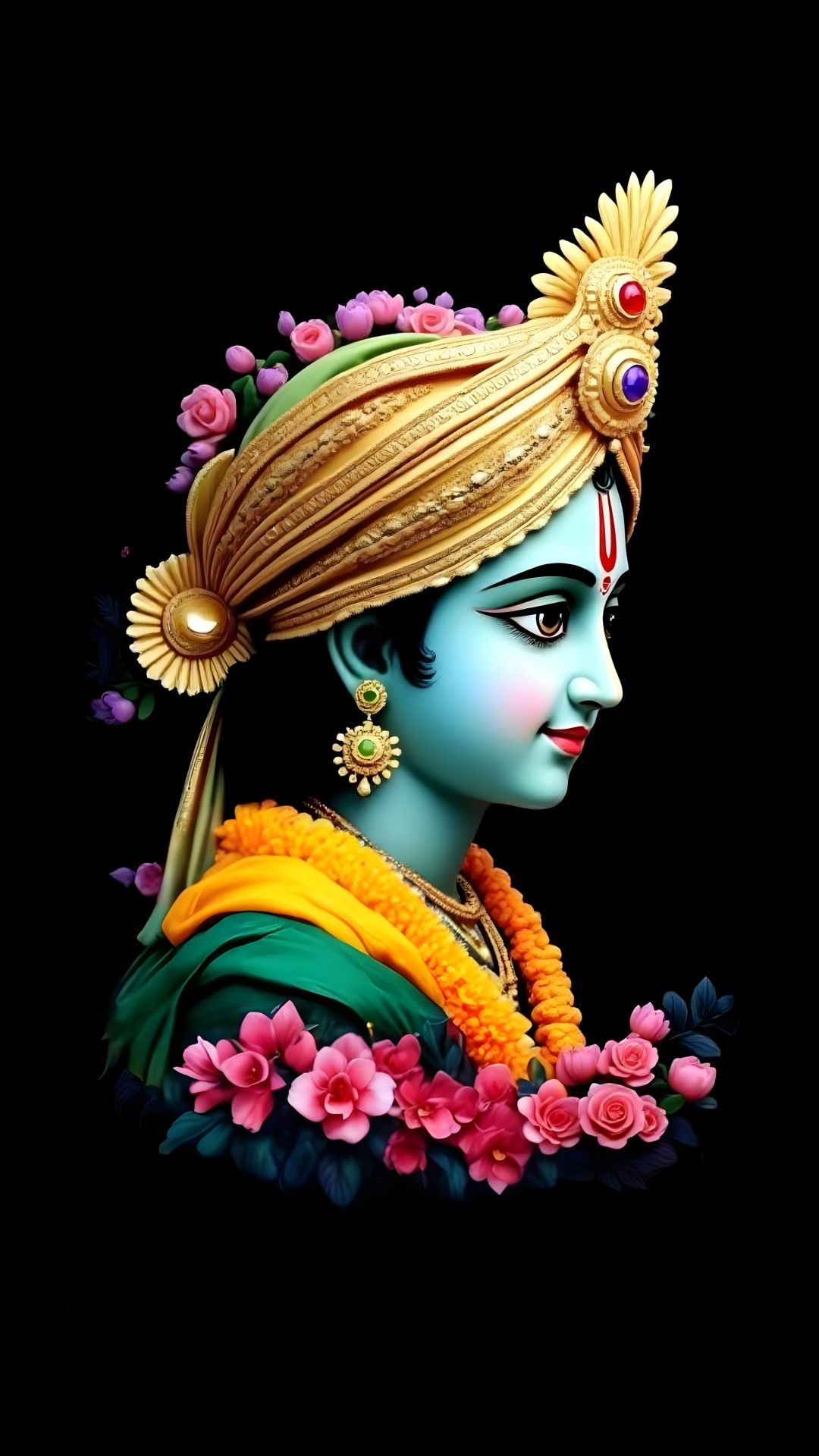 Blue-skinned Krishna amidst lotus flowers.