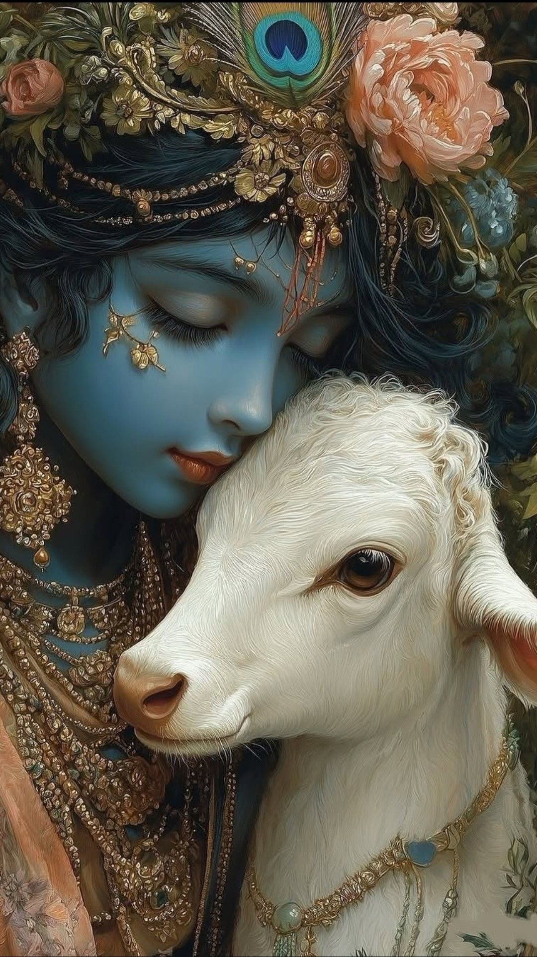 Krishna with a white calf, peaceful portrait