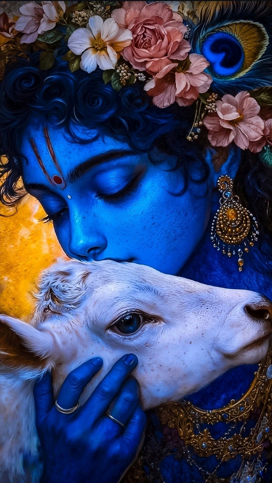 Krishna embracing a white cow