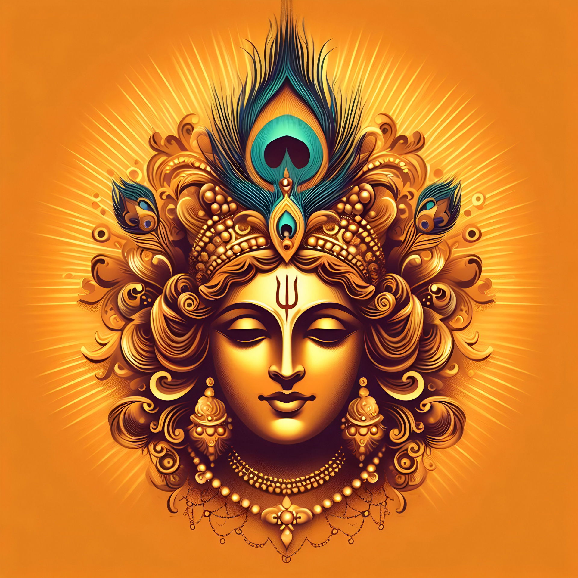 Golden Krishna face with peacock feather