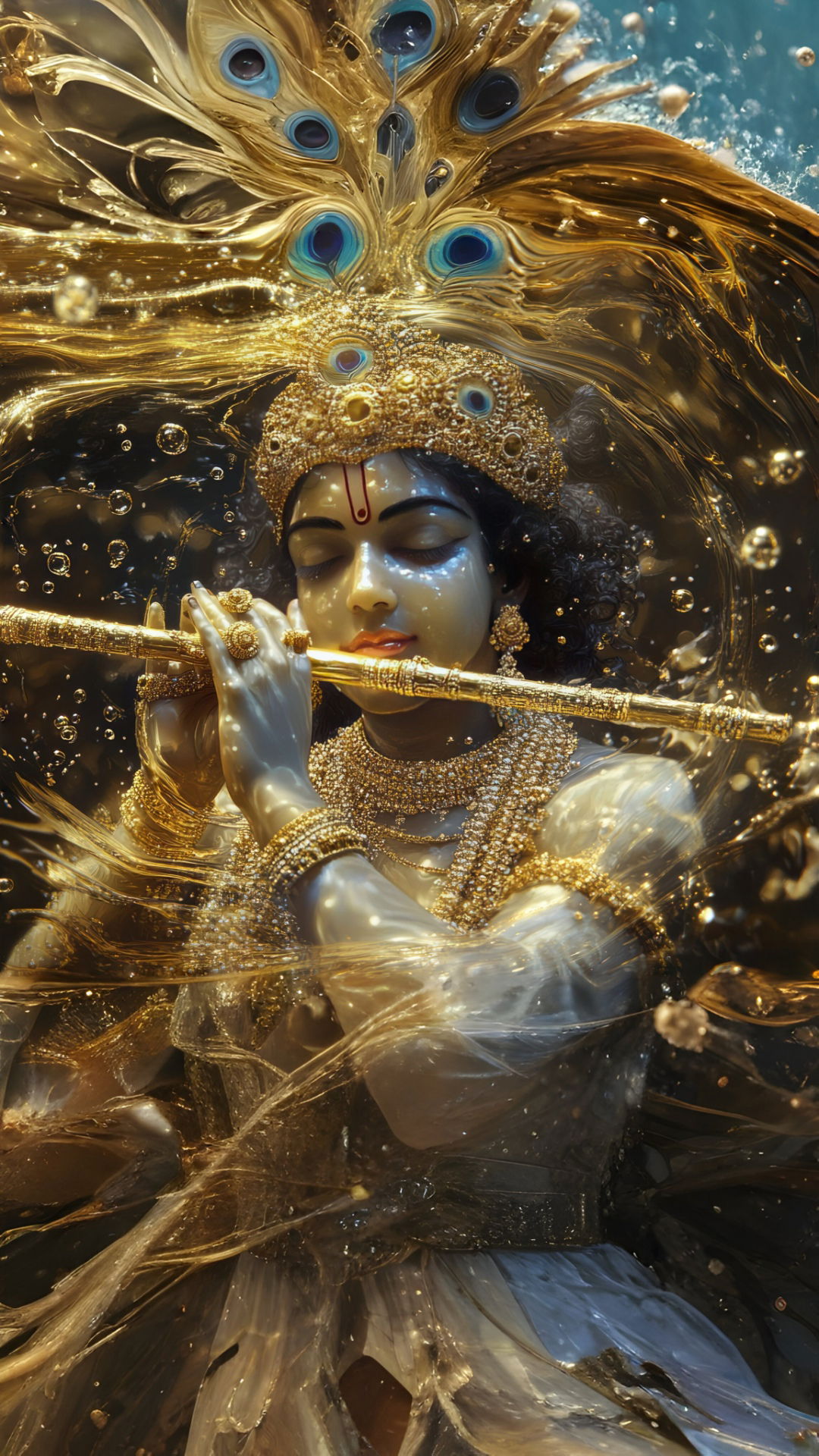 Lord Krishna plays a golden flute.