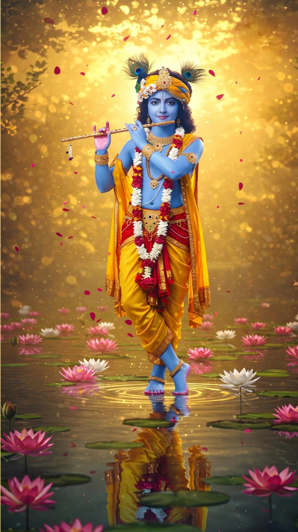 Krishna playing flute among lotuses