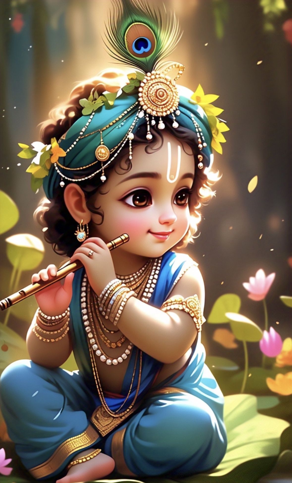 Baby Krishna playing a flute, divine art