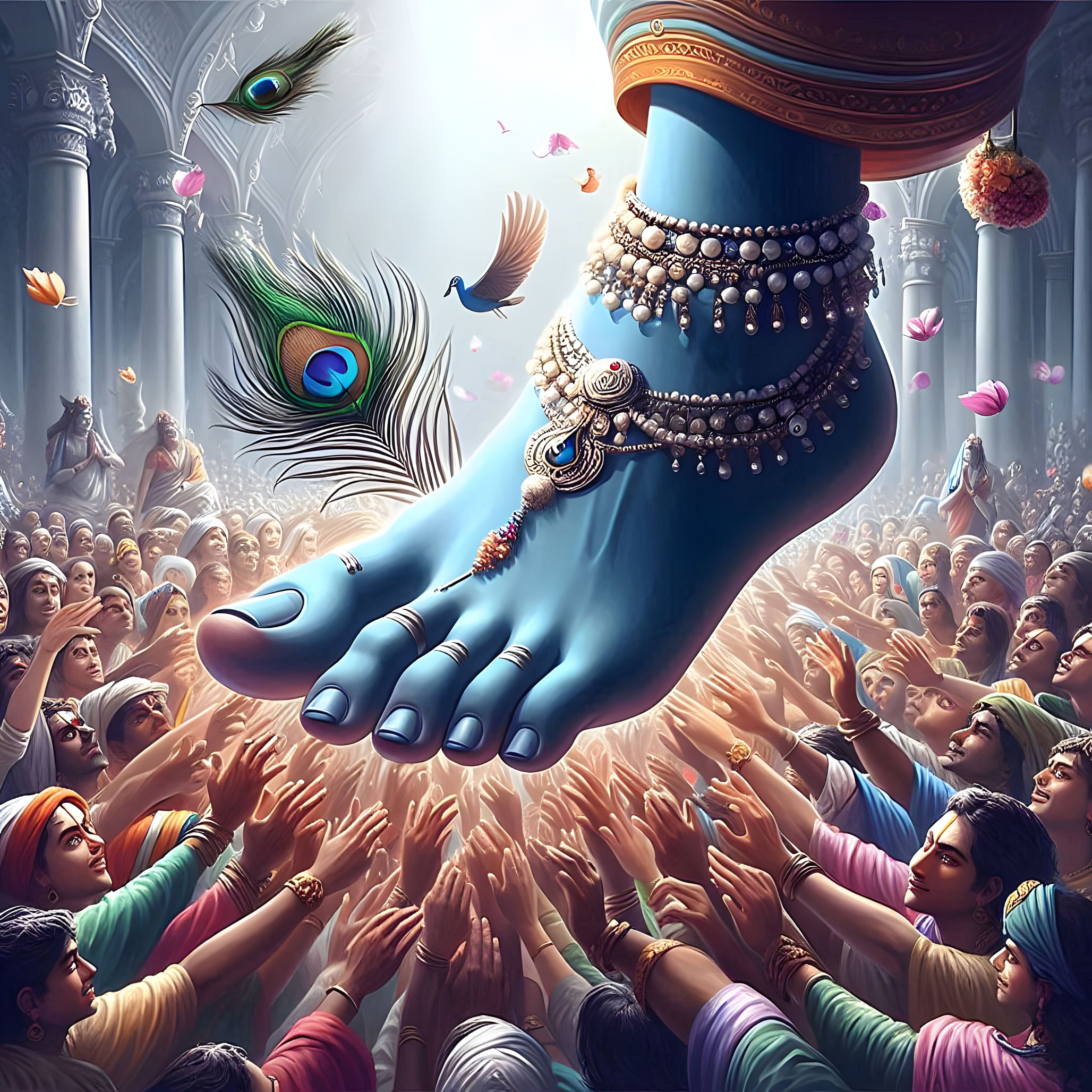 Krishna\'s adorned foot amidst devotees