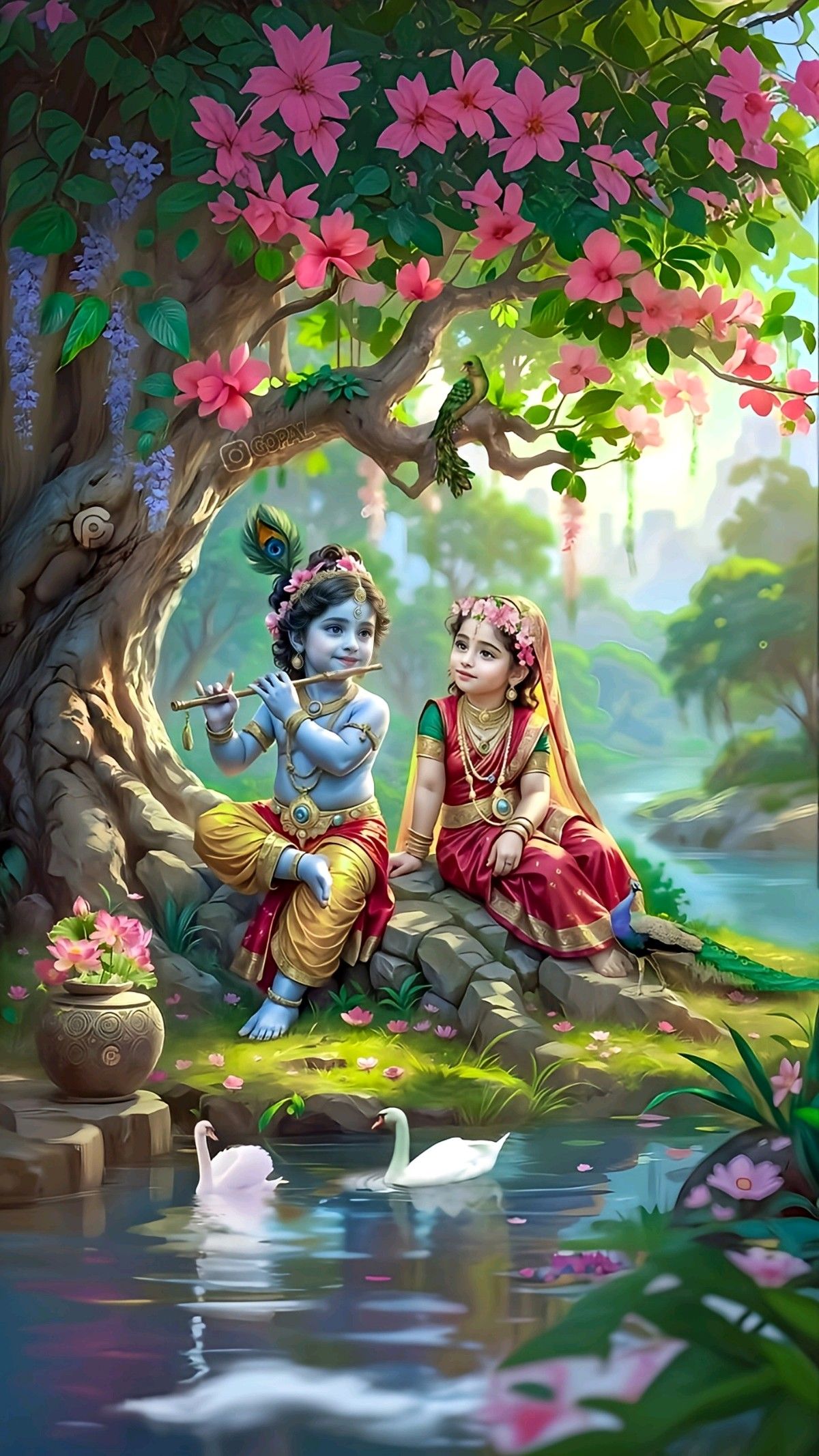 Krishna and Radha in a flower garden