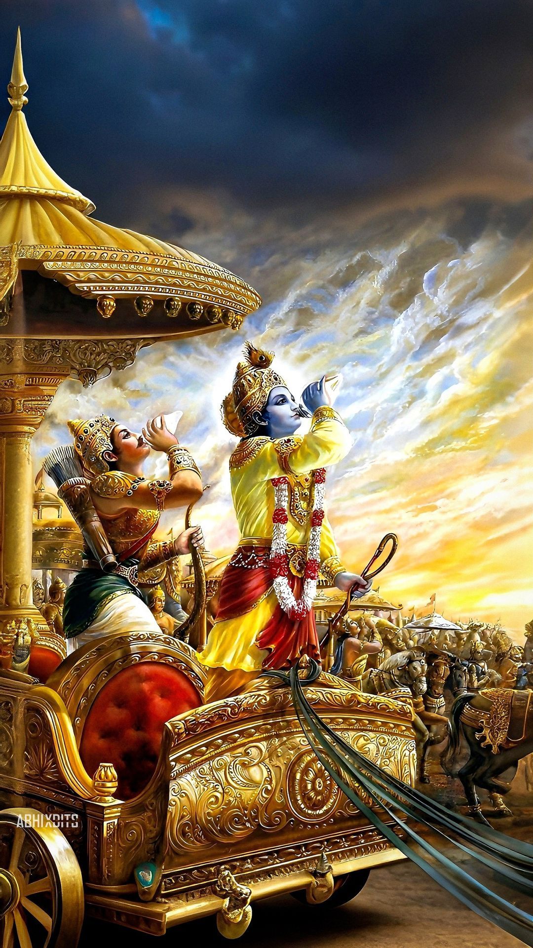 Krishna and Arjuna on chariot battlefield