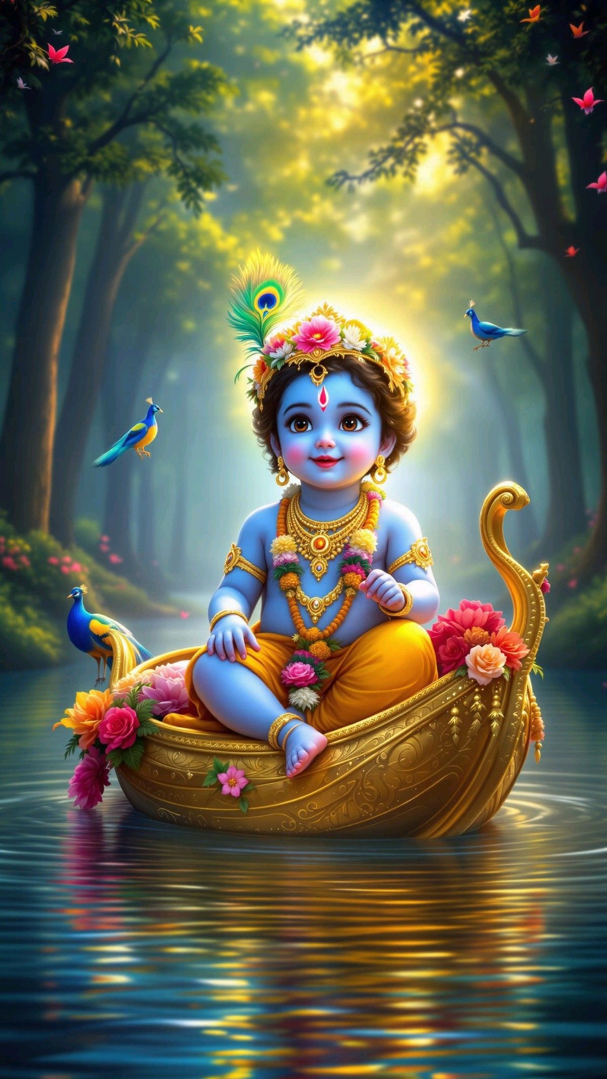Baby Krishna on a lotus boat