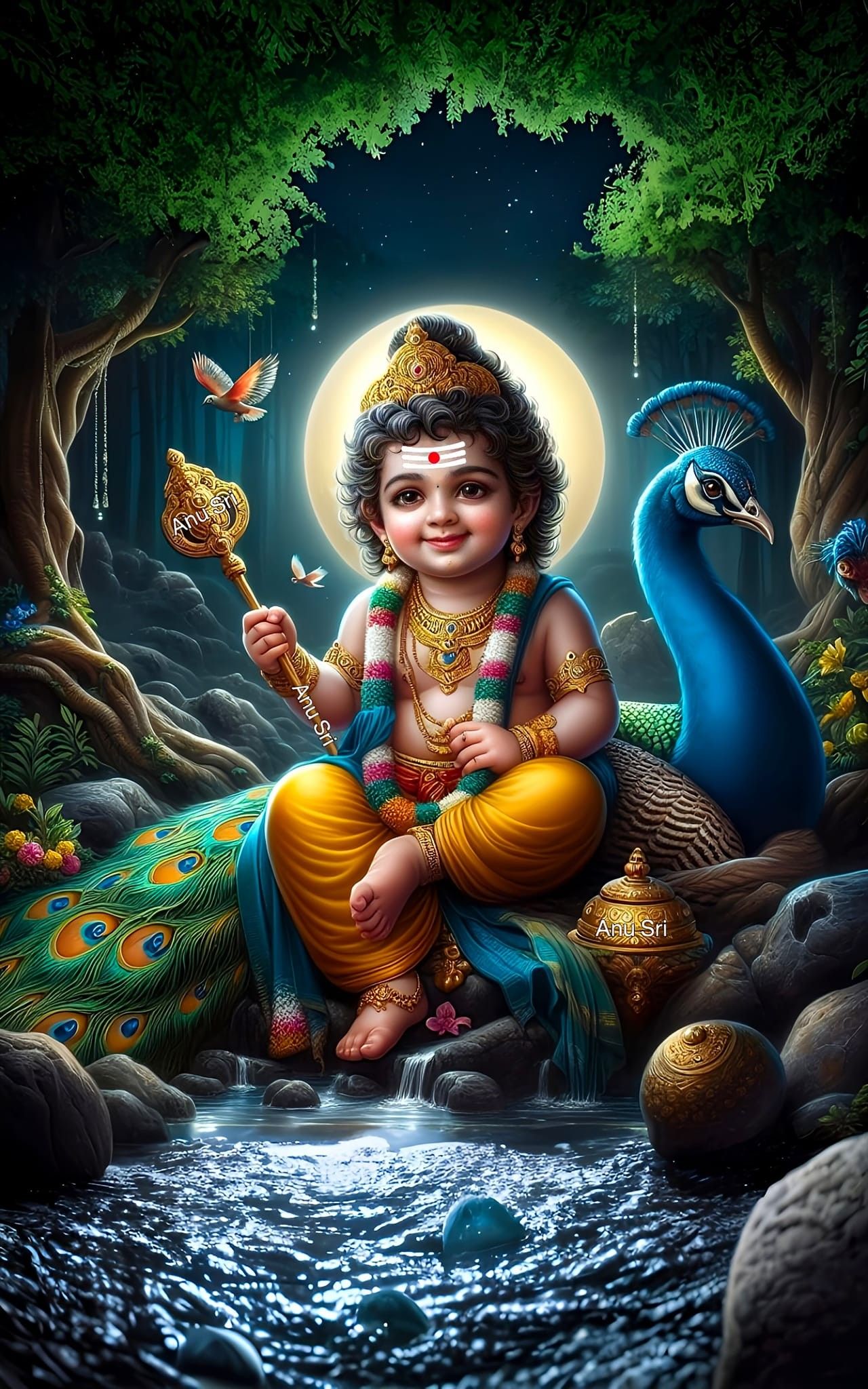Baby Krishna with peacock in forest