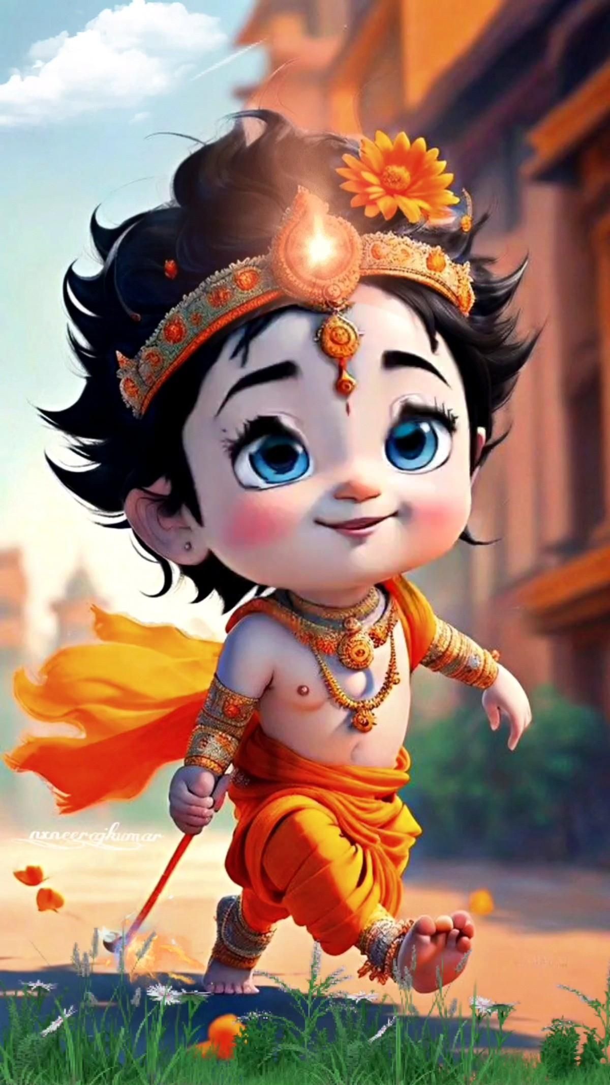 Playful Bal Krishna running with flute