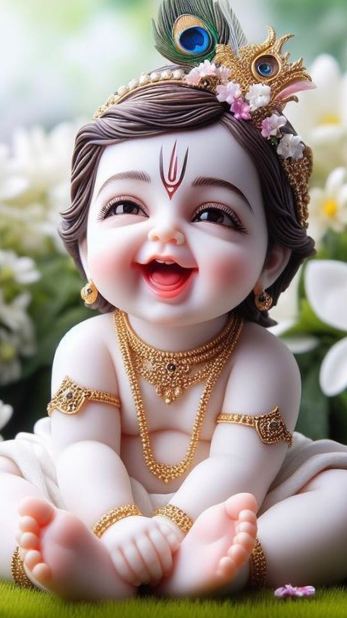 Smiling baby Krishna with peacock feather