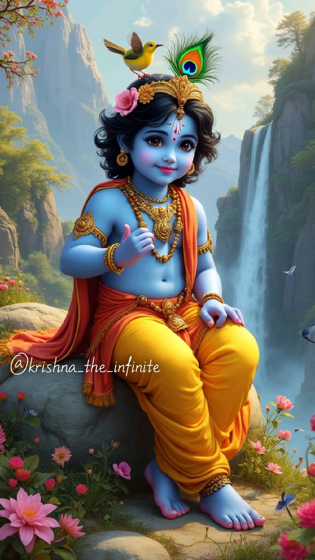 Baby Krishna sitting near waterfall.