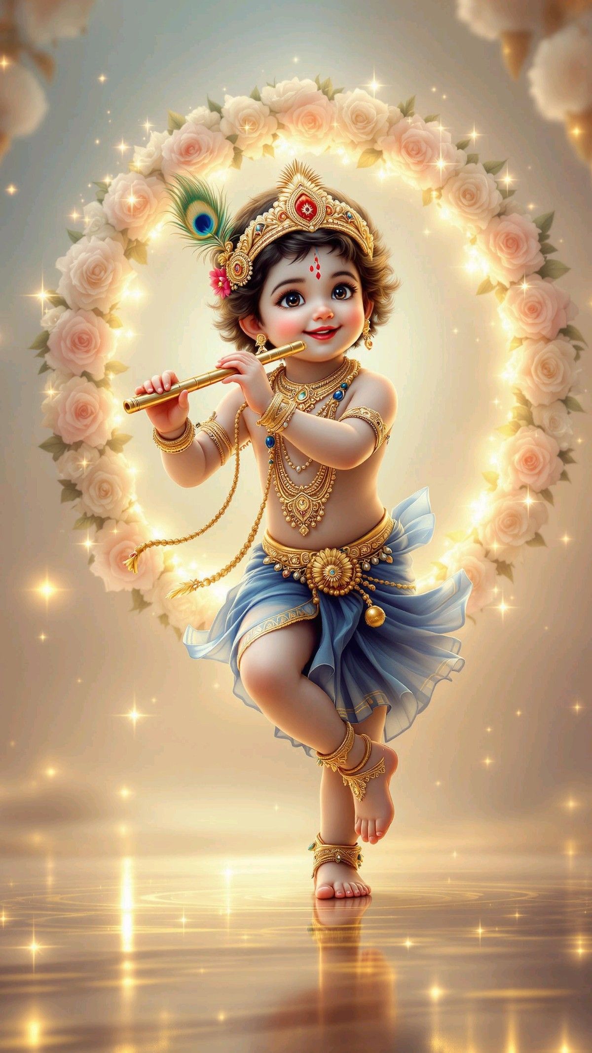 Baby Krishna playing a flute sweetly