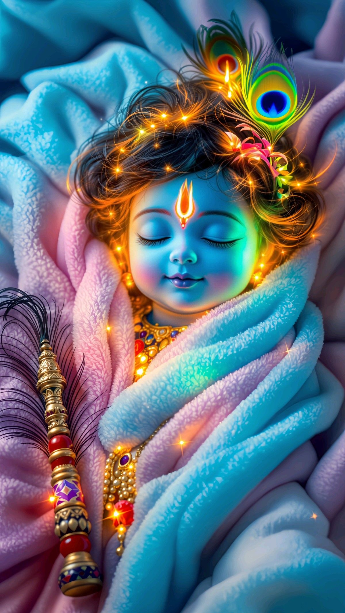 Sleeping baby Krishna with peacock feather