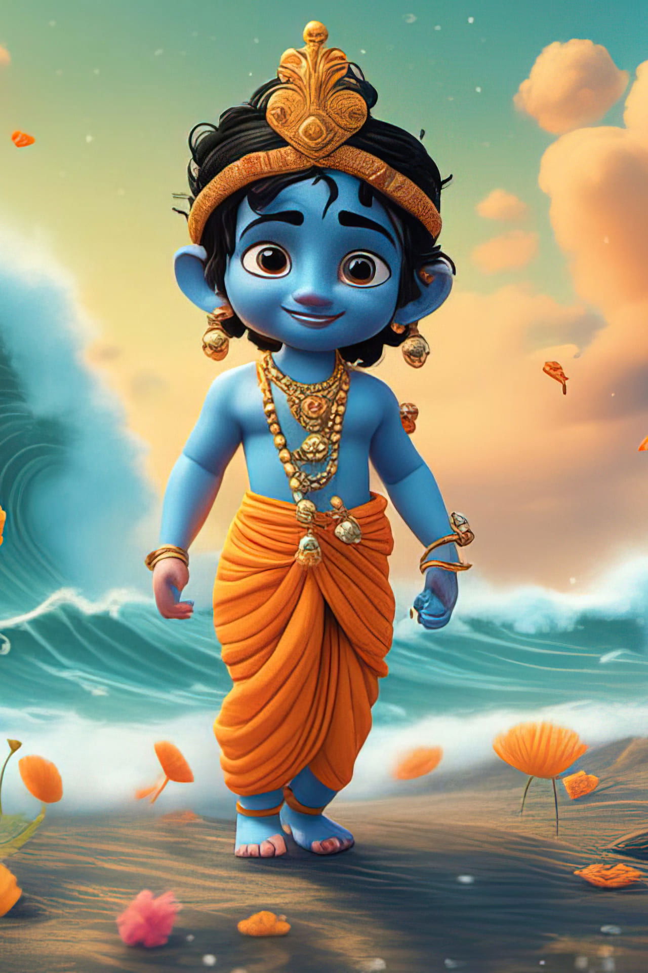 Cute baby Krishna by the ocean