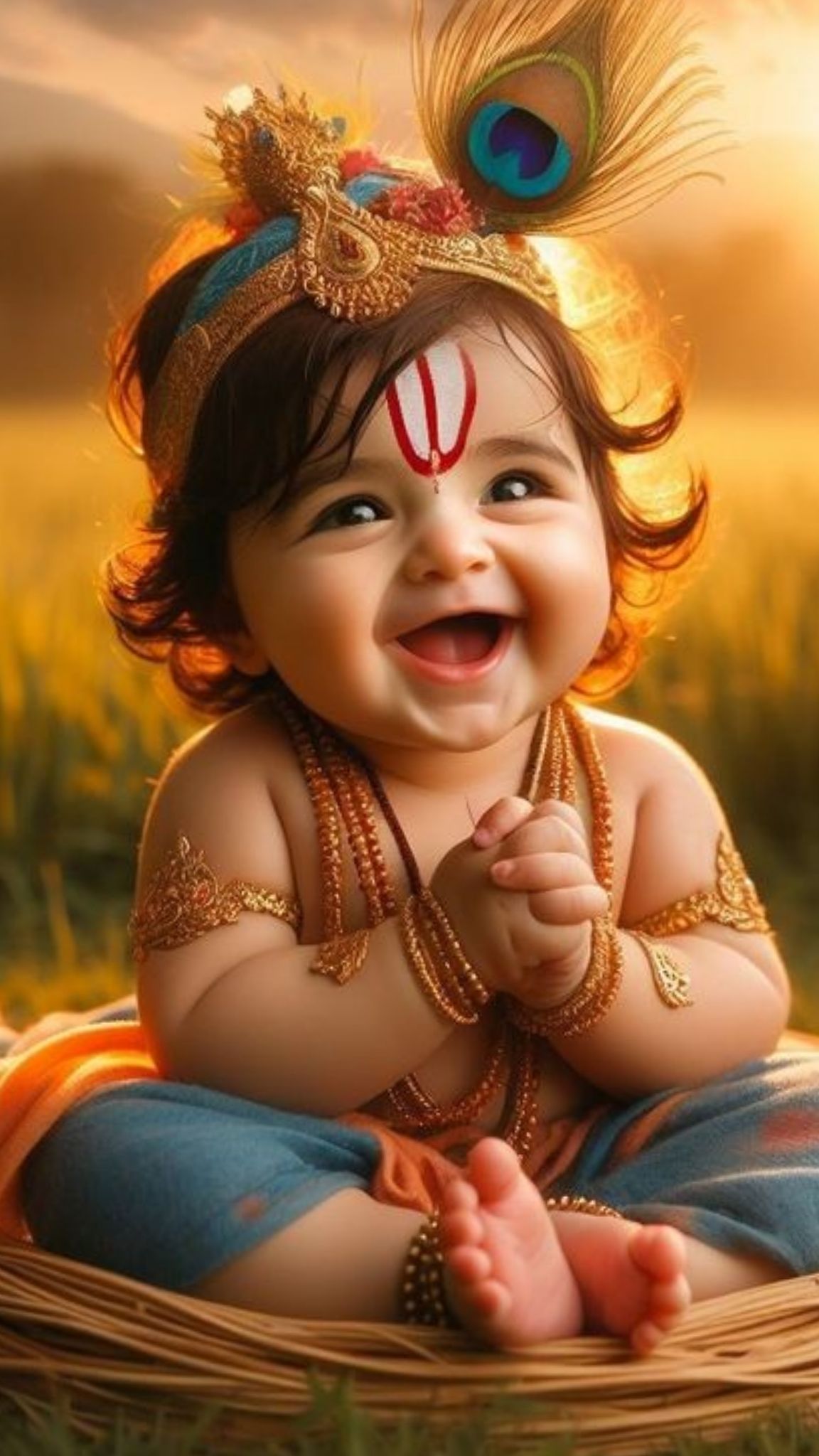 Smiling baby Krishna with peacock feather