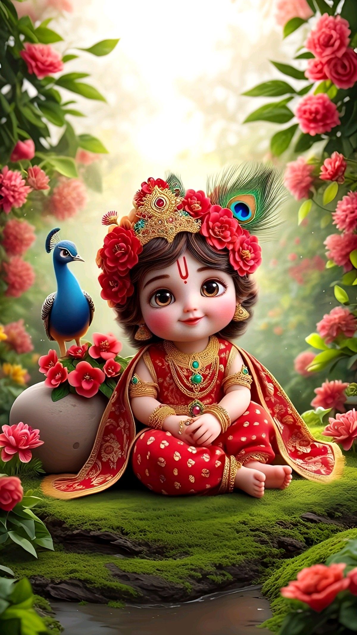 Cute baby Krishna with flowers and peacock