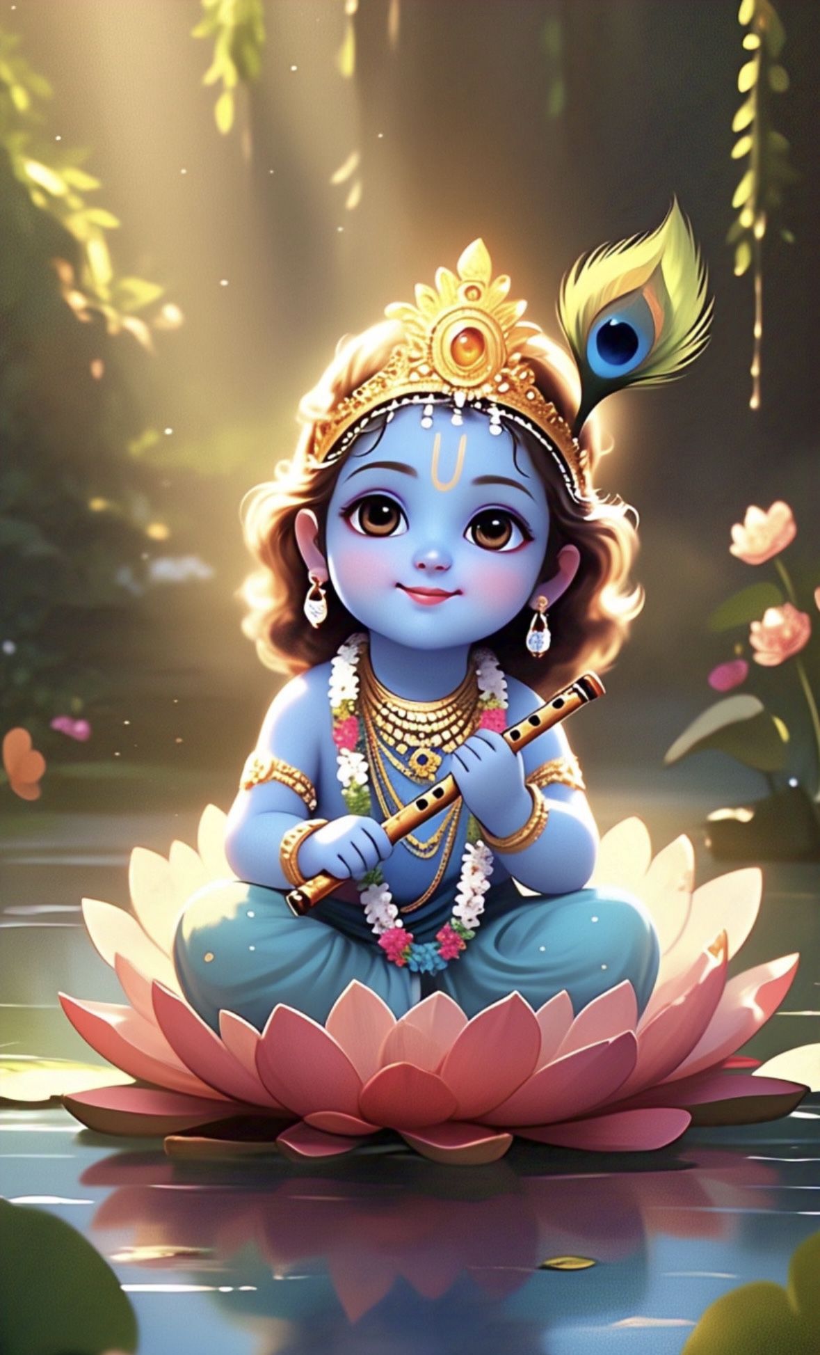 Bal Krishna playing flute on lotus