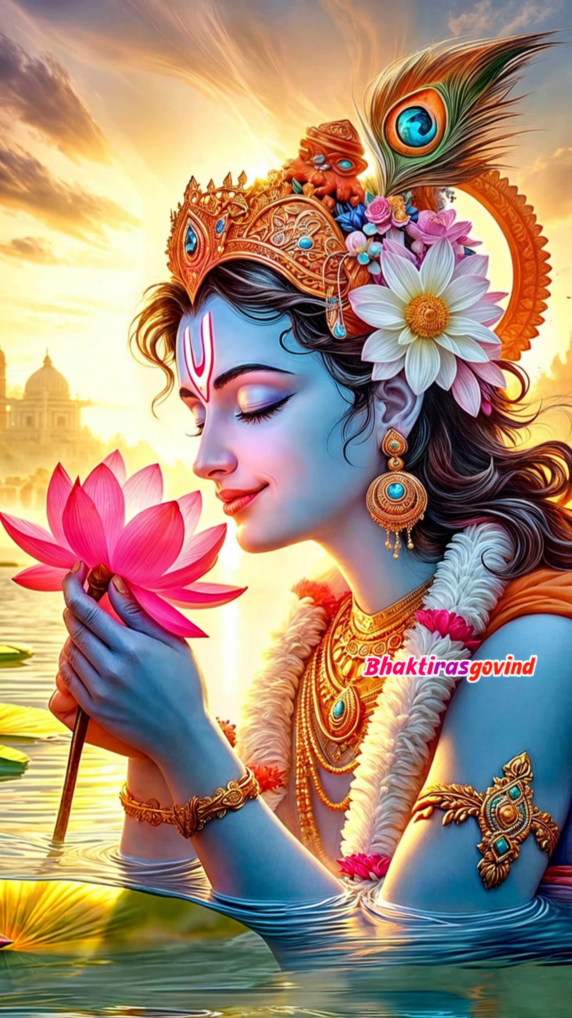 Krishna holding a pink lotus flower