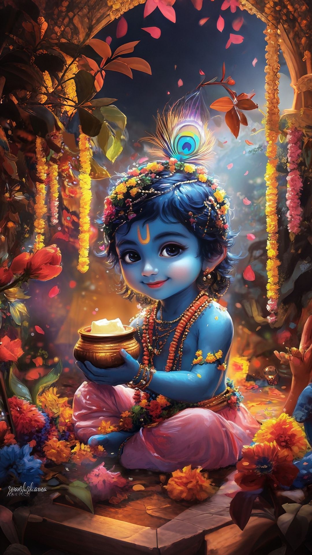 Baby Krishna with butter and peacock feather