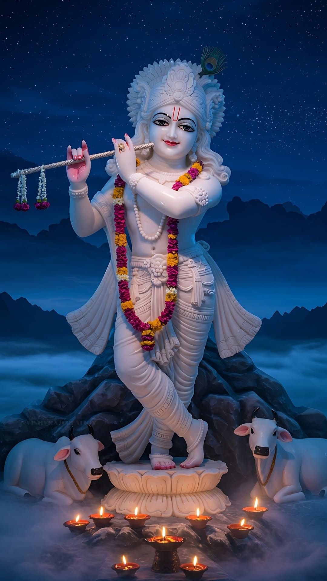 Krishna playing flute with cows and lamps