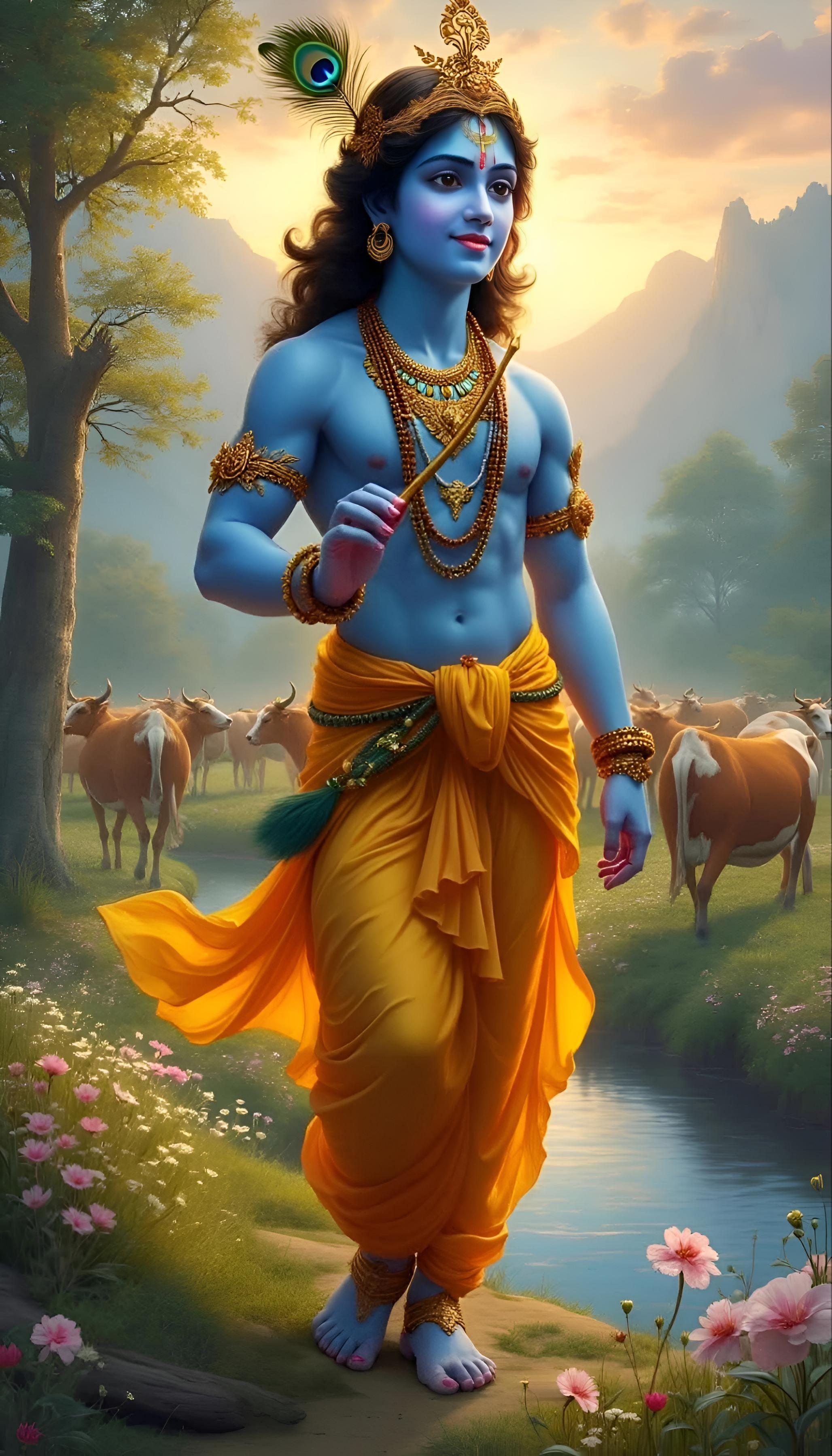 Lord Krishna playing flute in forest