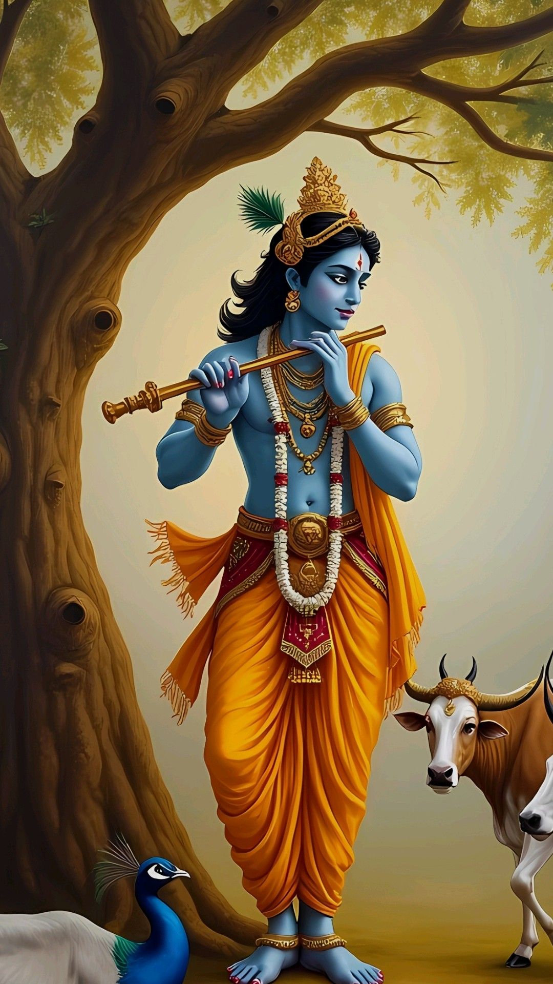 Krishna playing a flute in forest
