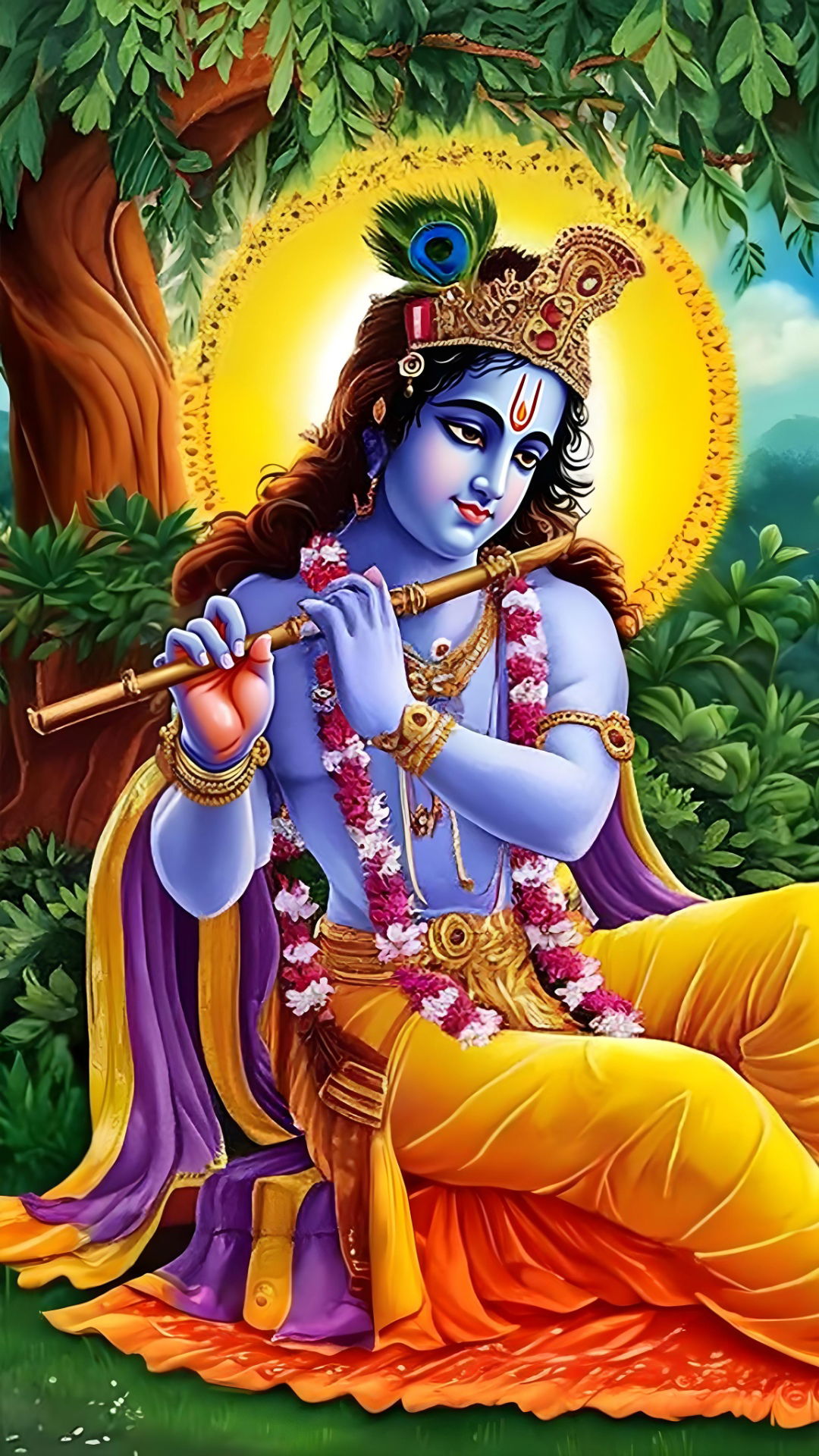 Krishna playing flute in forest