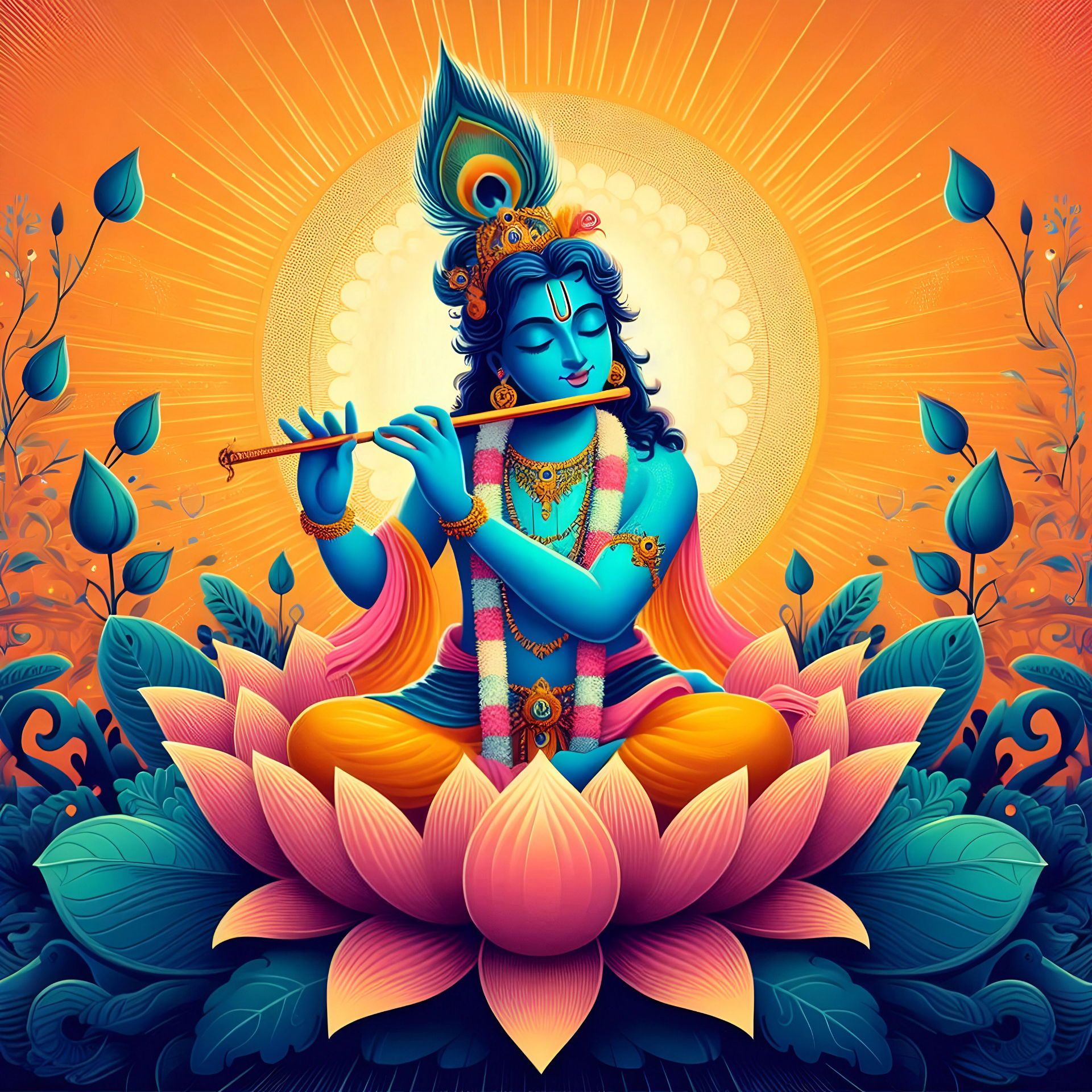 Krishna playing flute on lotus flower