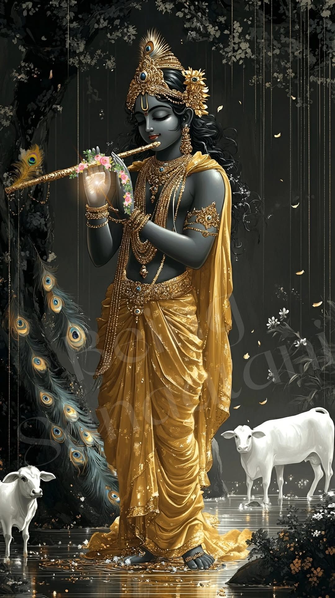 Krishna playing flute in the rain