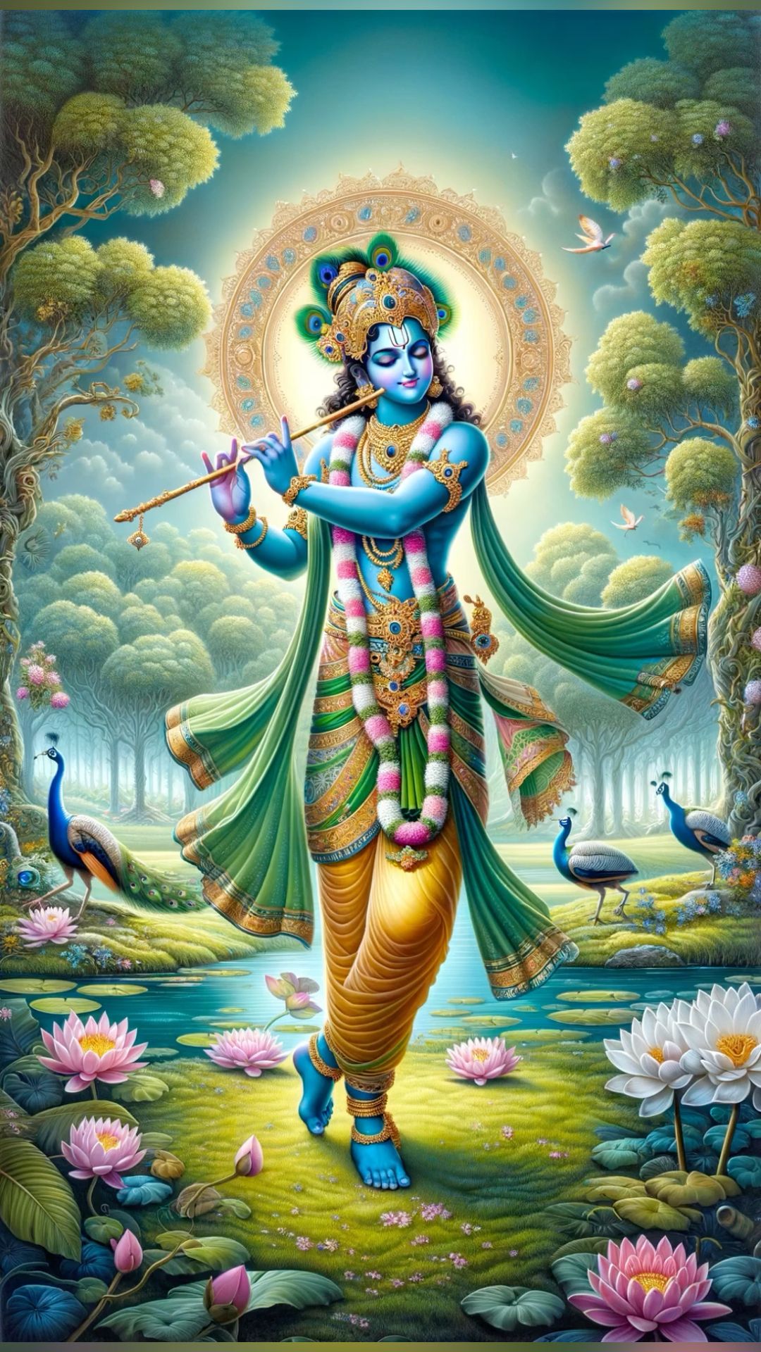 Lord Krishna playing a flute in forest