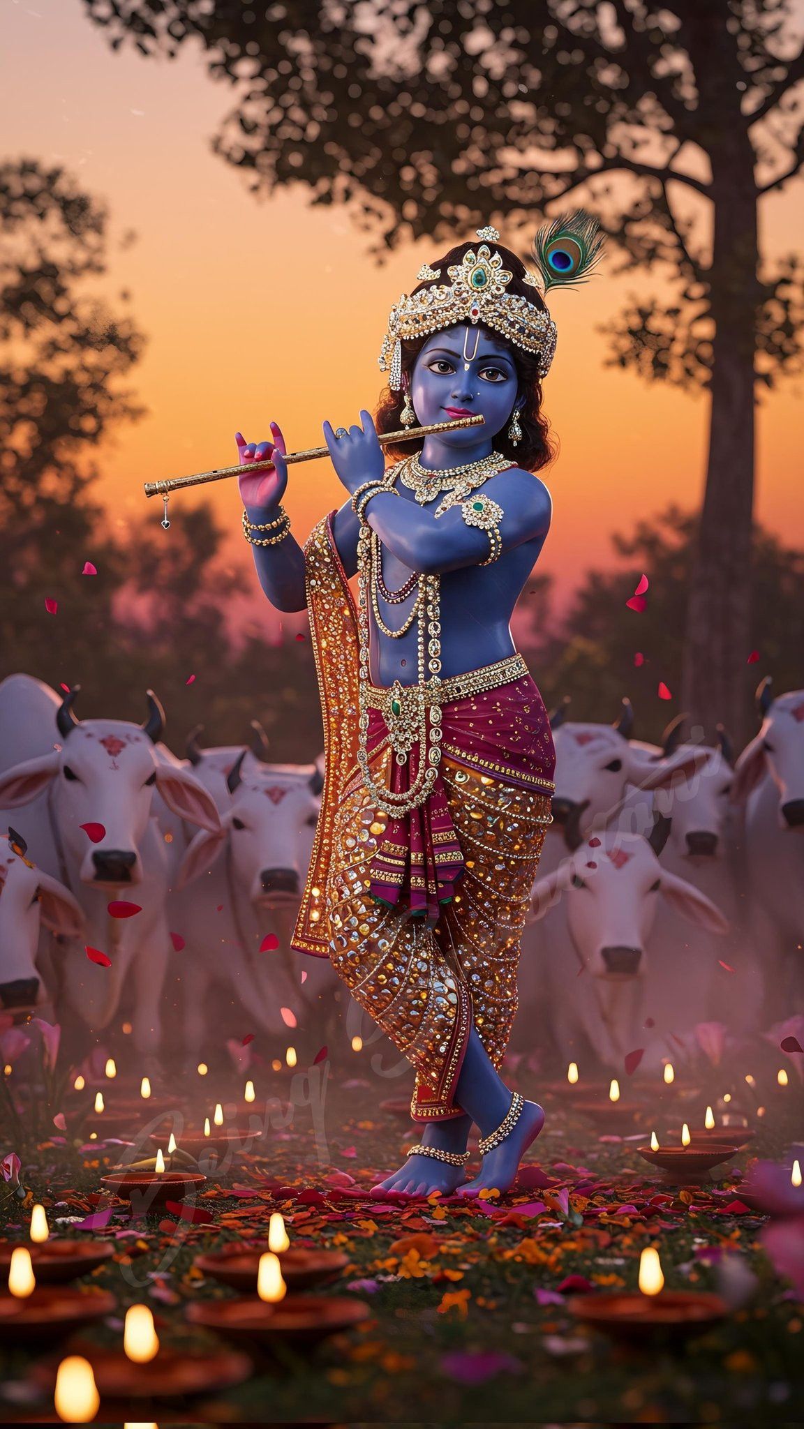 Krishna playing flute surrounded by cows