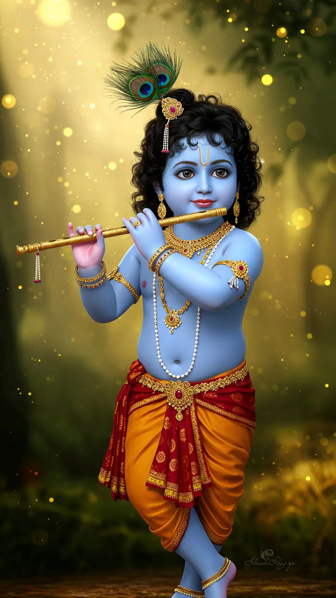 Baby Krishna playing a flute with peacock feather.