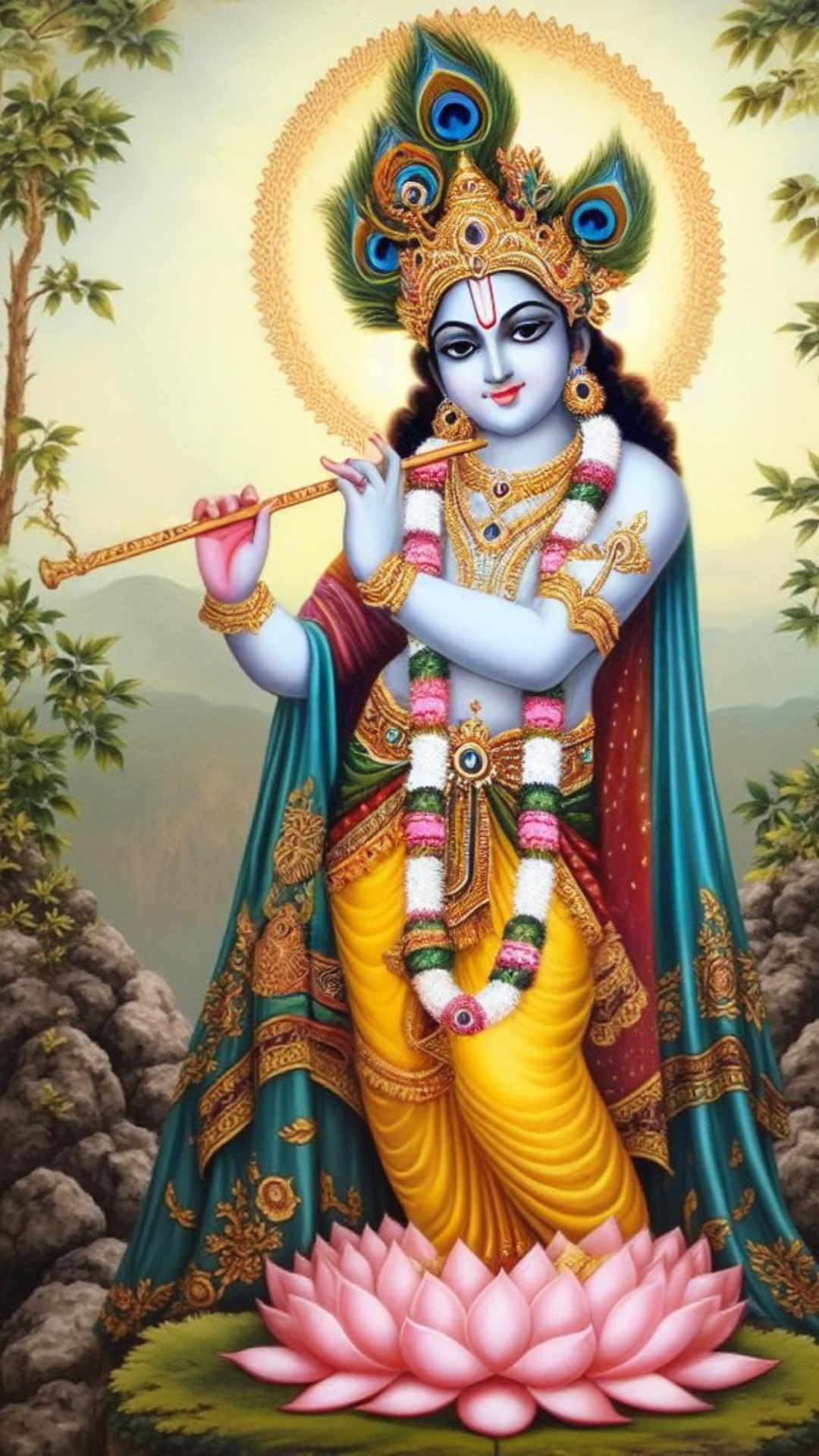 Krishna playing flute on lotus flower