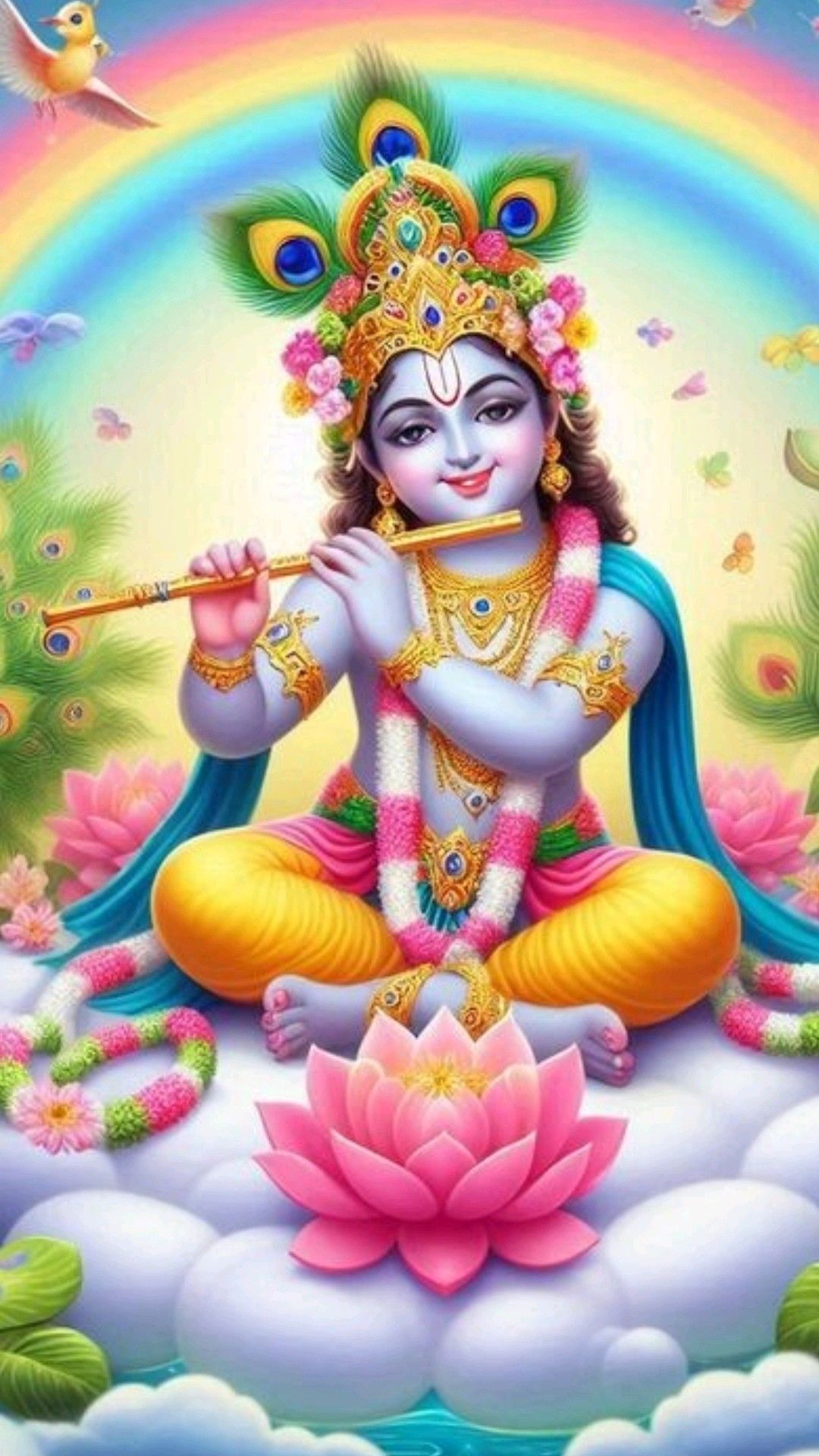 Krishna playing flute amongst lotus flowers