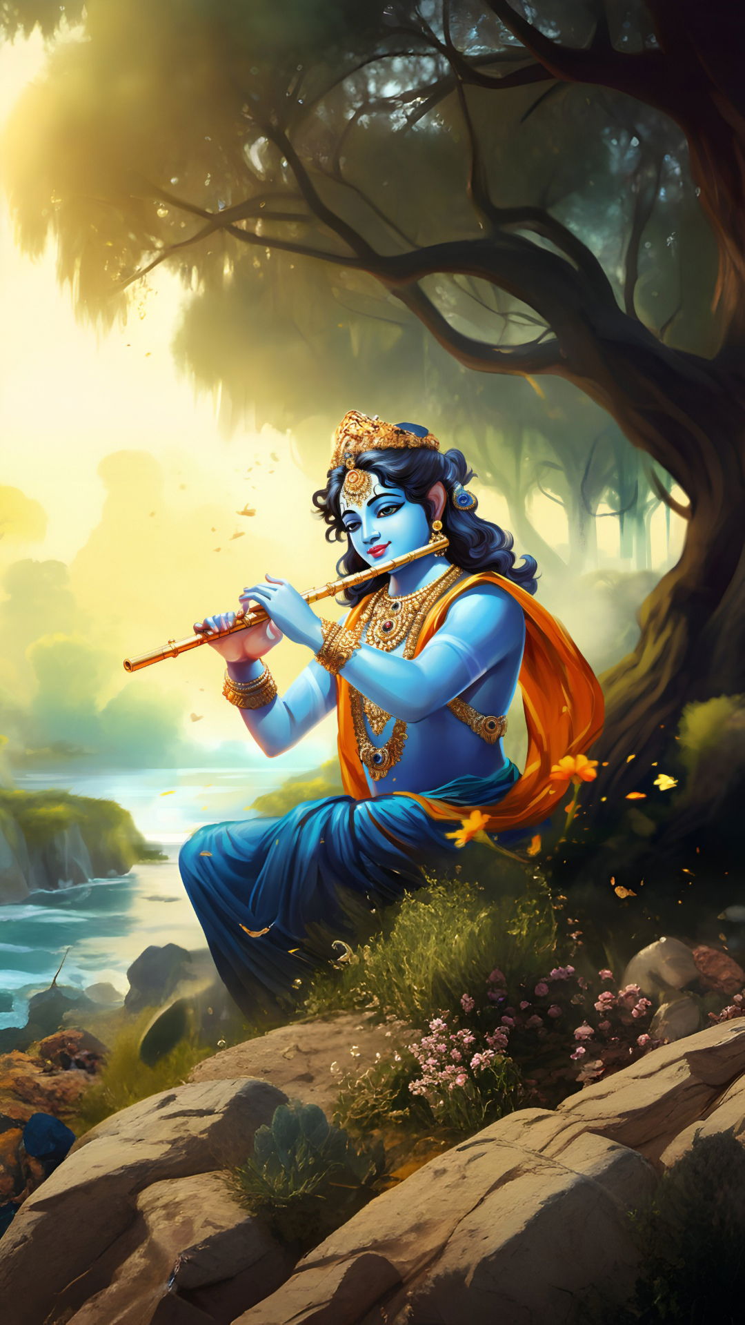 Krishna playing flute in forest