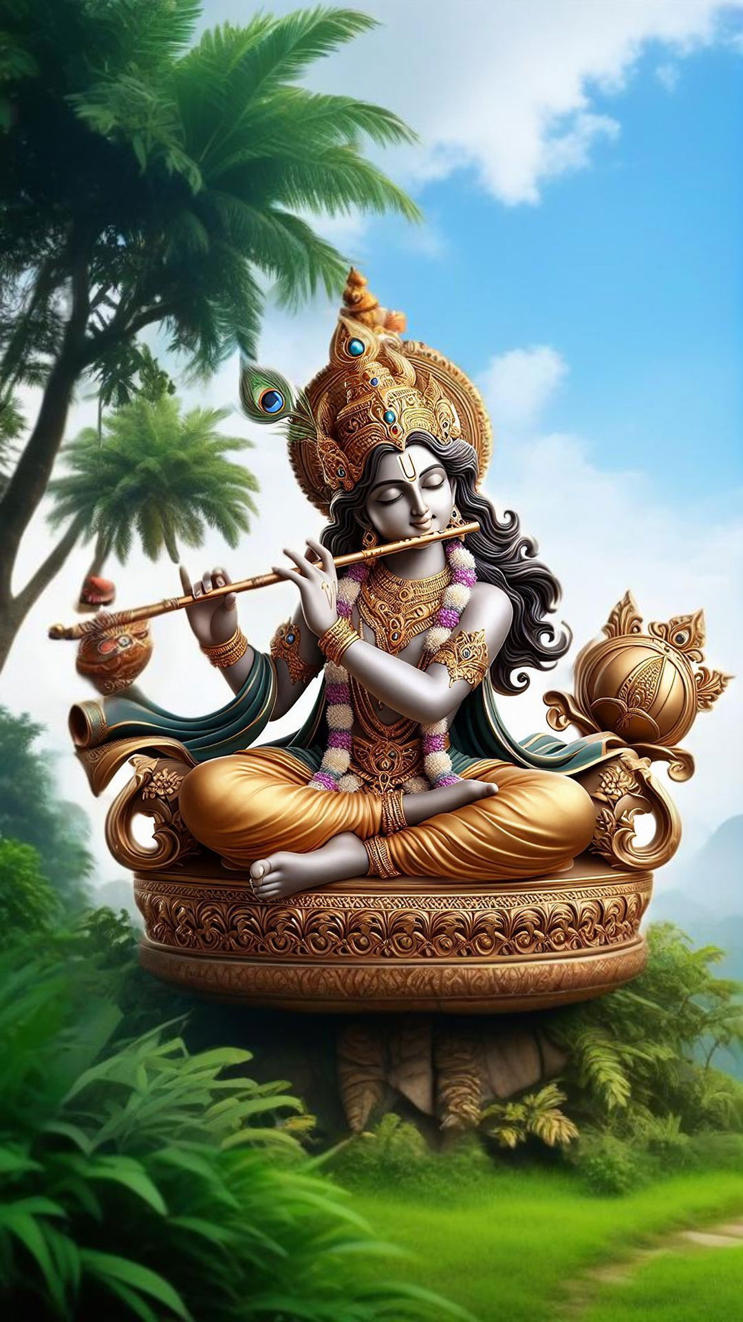 Krishna playing flute in a forest