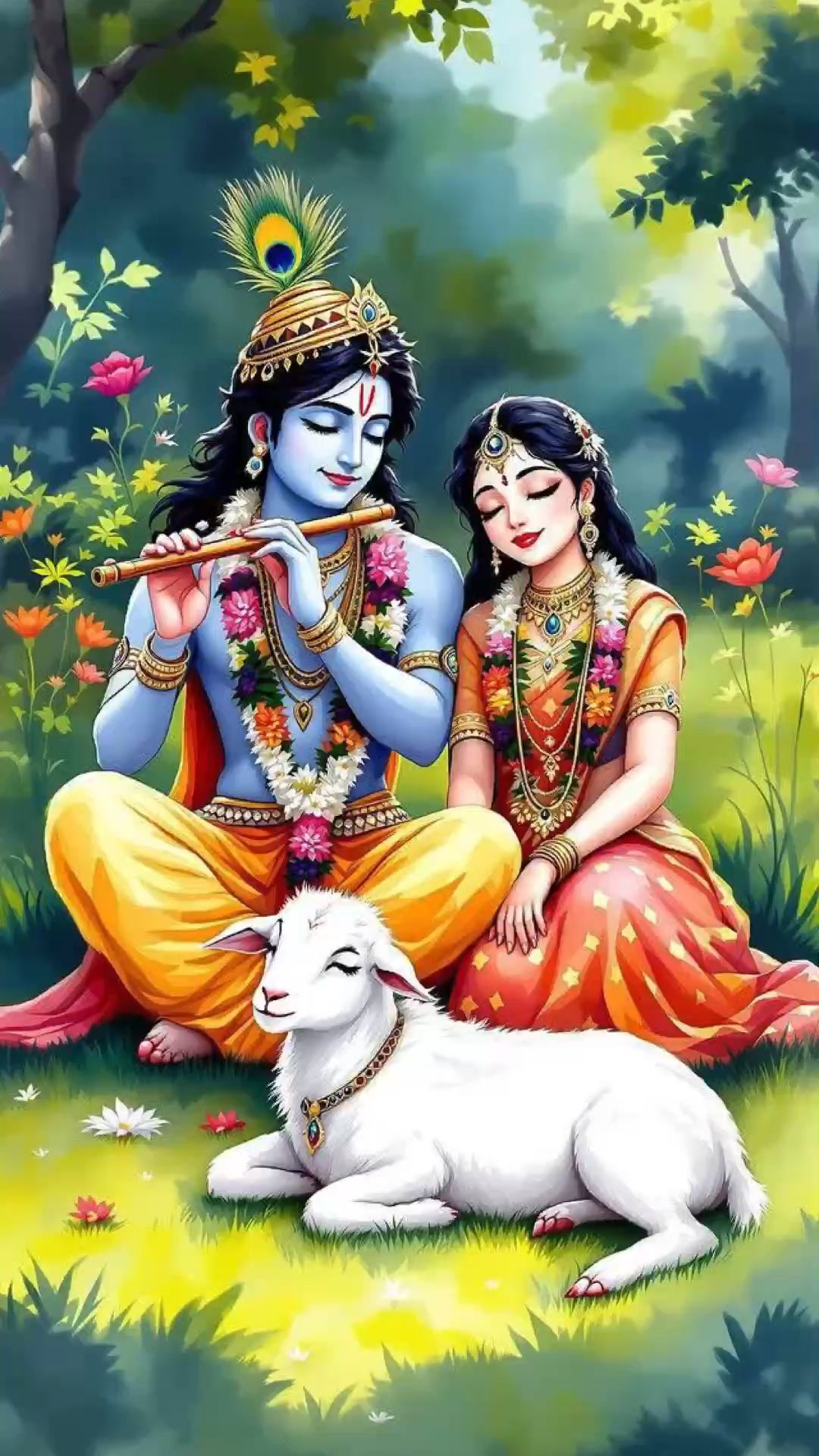 Krishna and Radha in floral garden