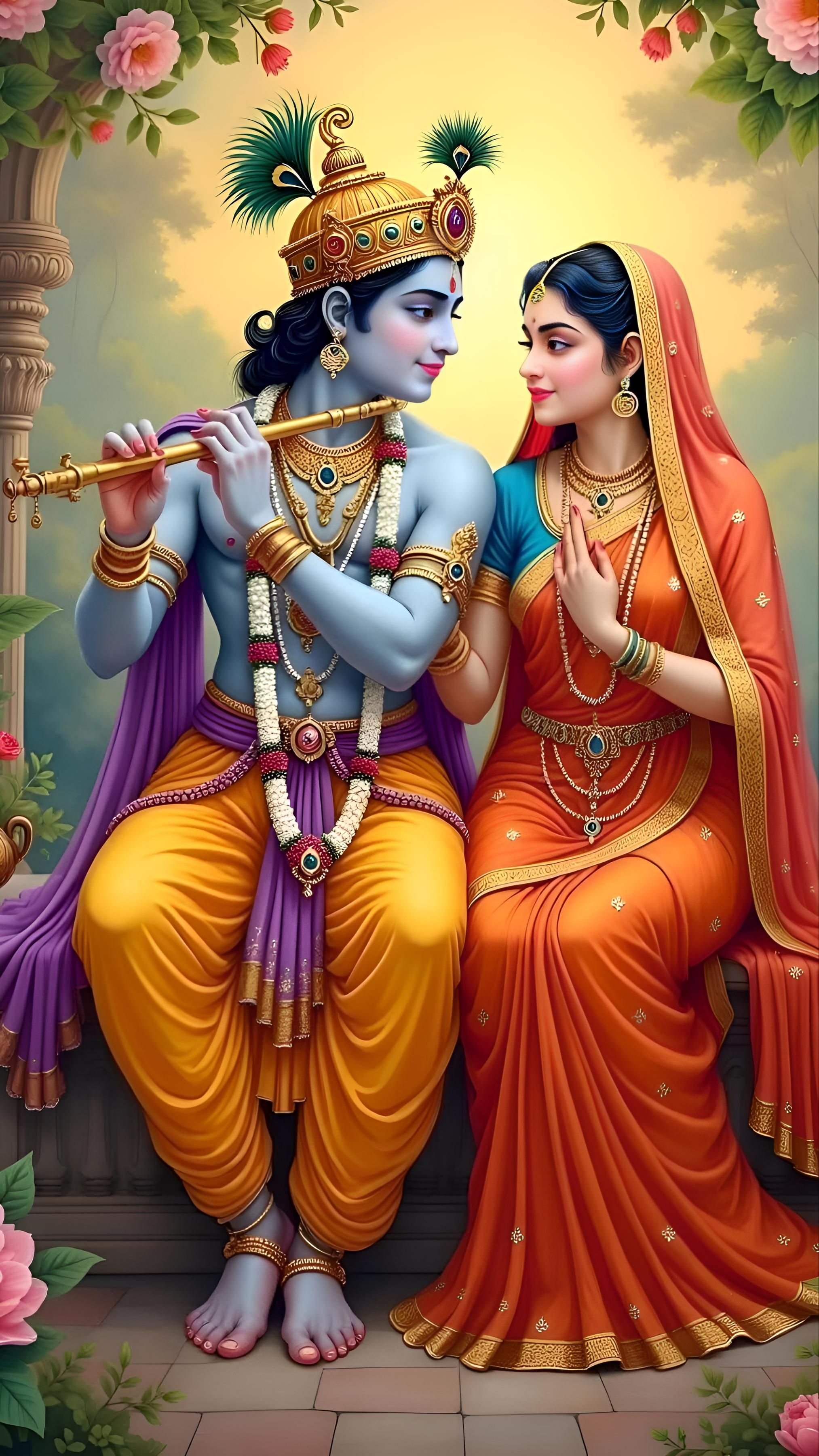 Krishna and Radha playing flute together