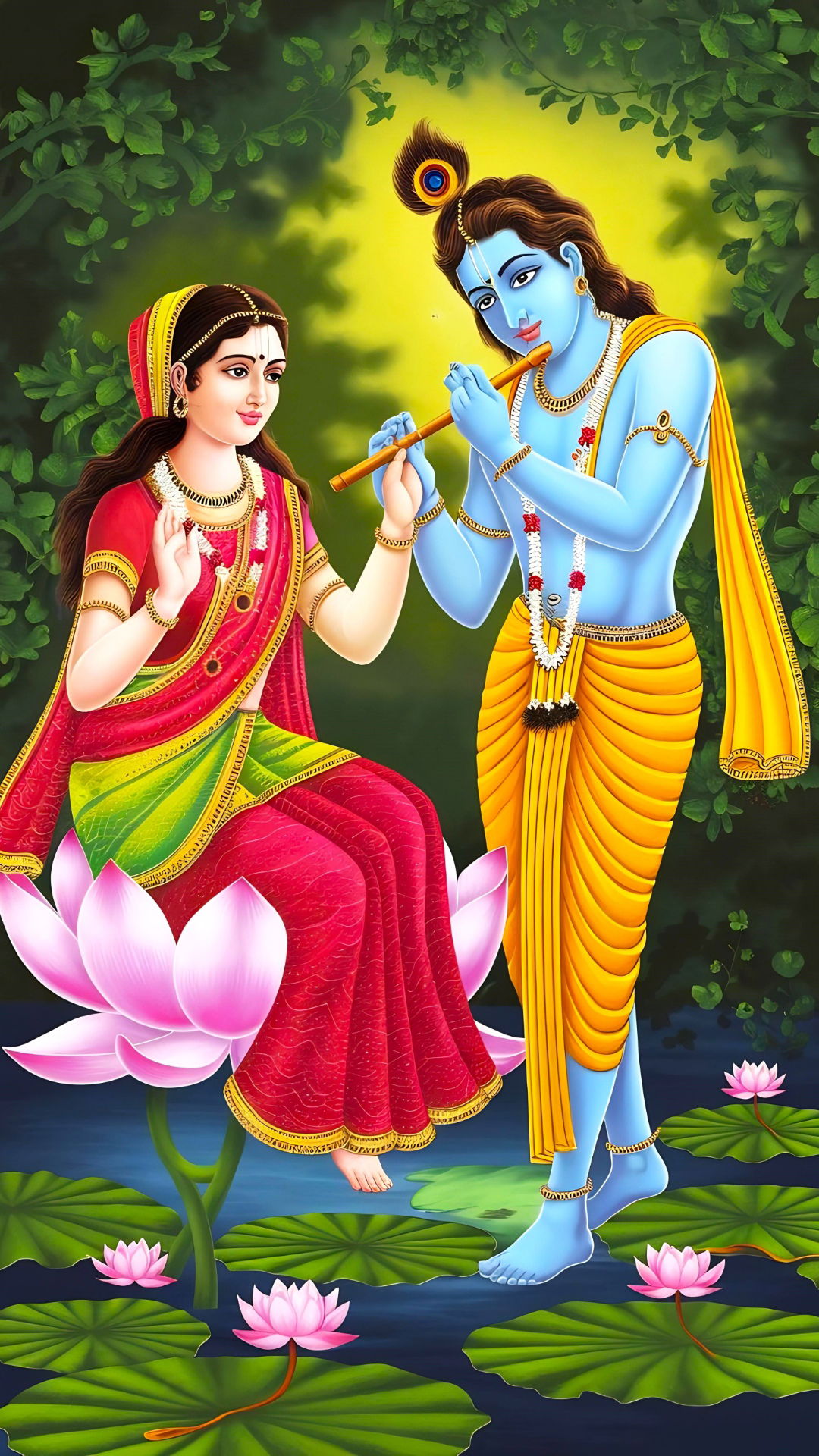 Krishna and Radha playing flute in lotus pond
