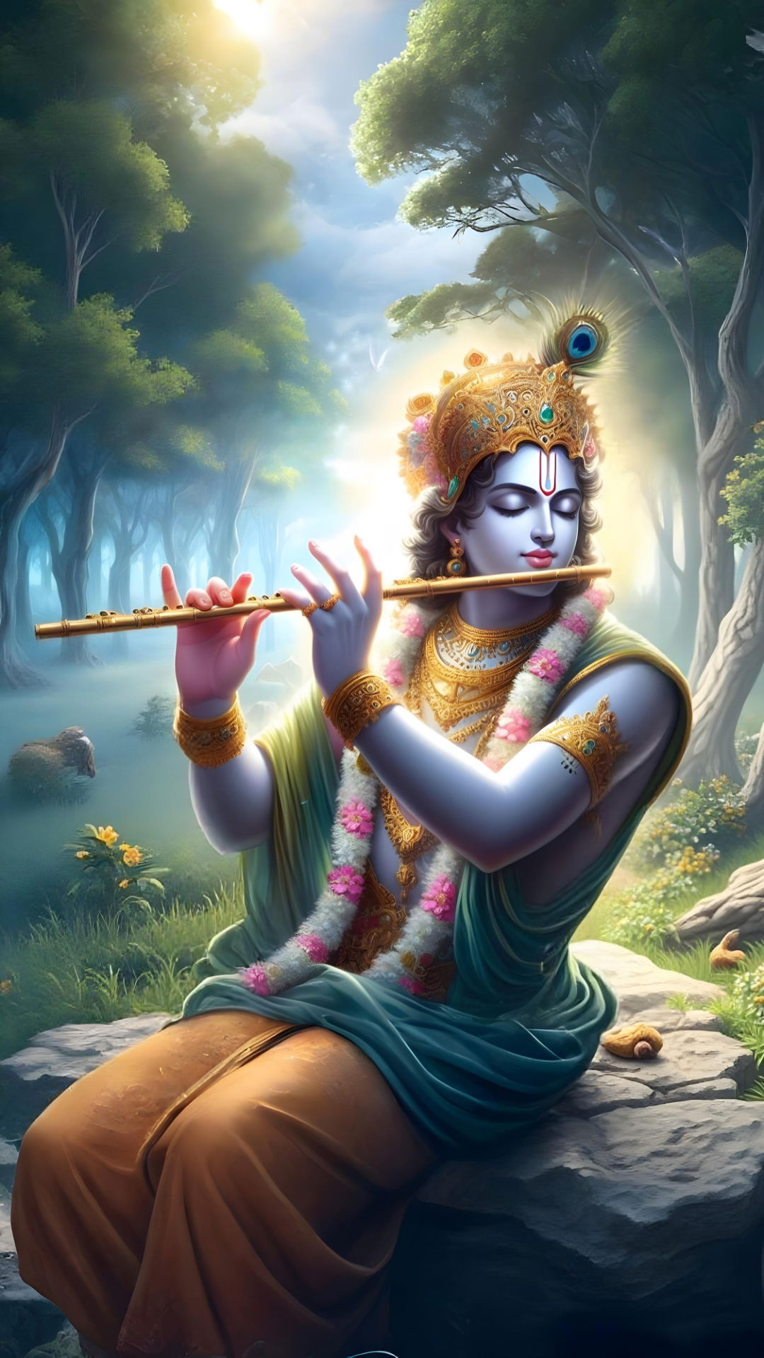 Krishna playing flute in Vrindavan forest