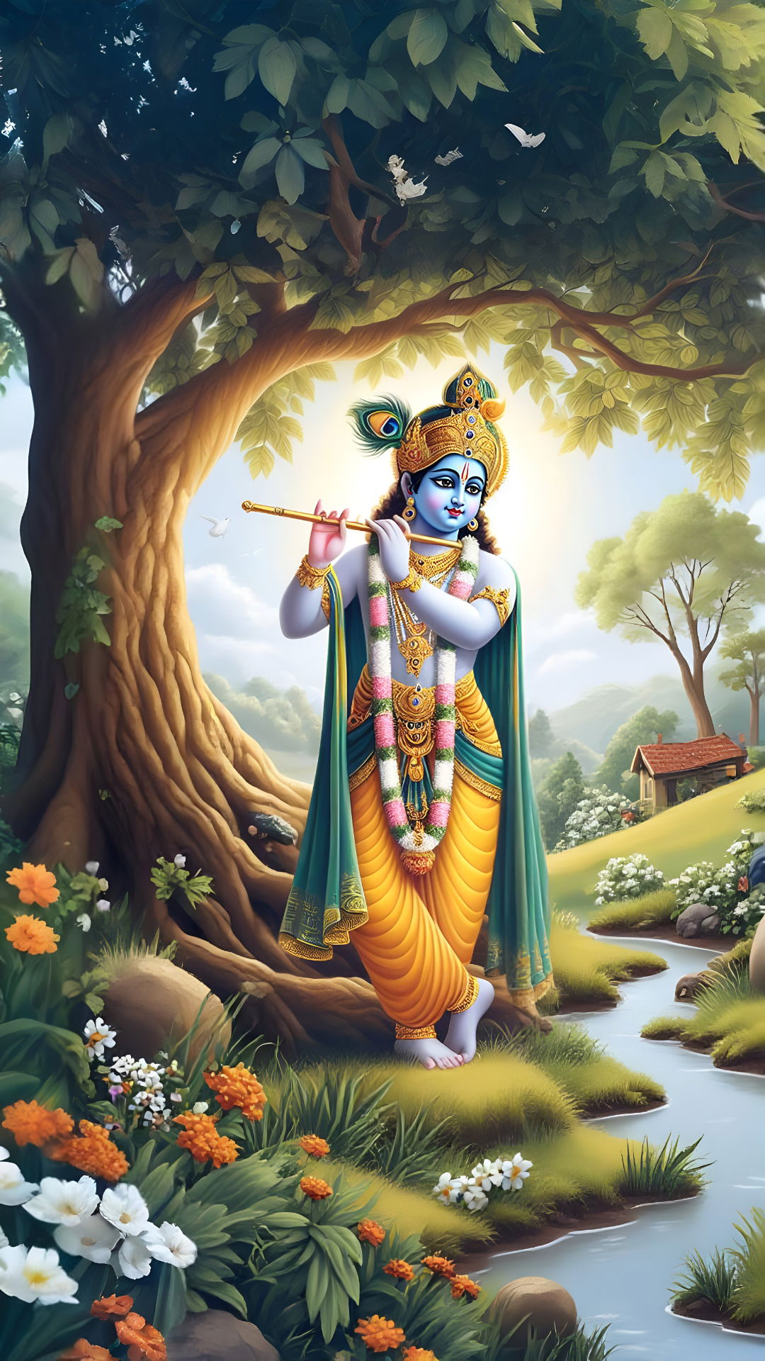 Krishna playing flute in forest