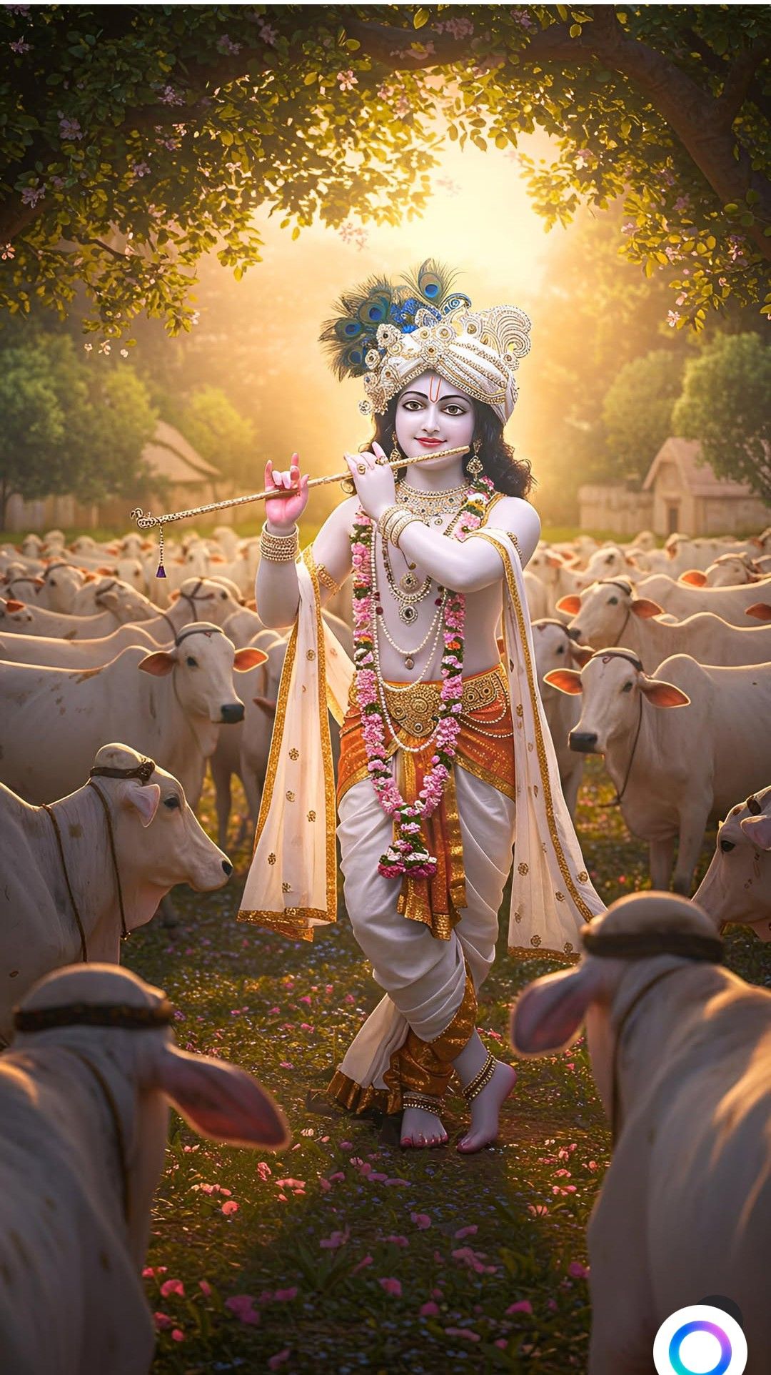 Krishna playing flute with cows